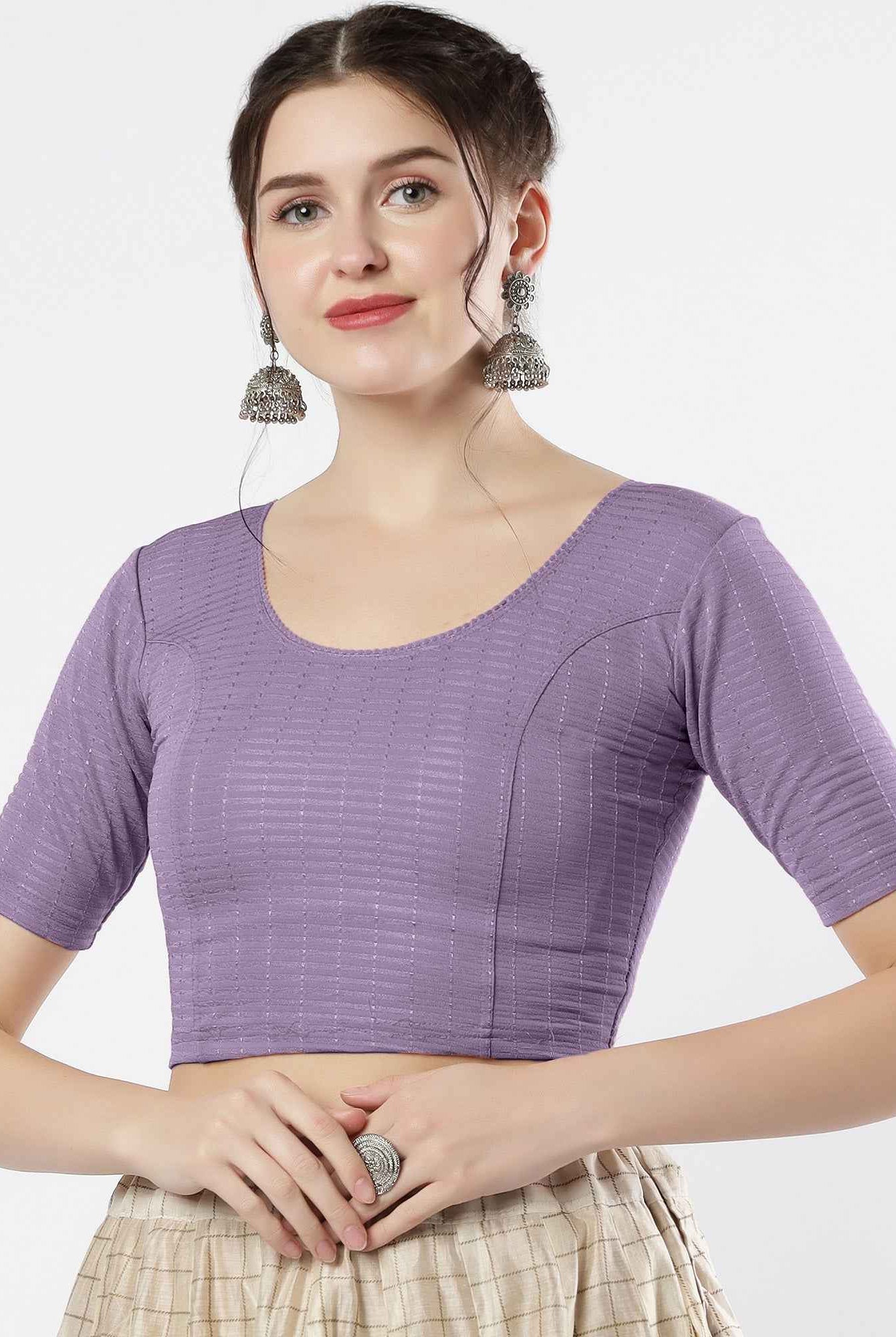 Stay On Trend: Latest Fashion Readymade Blouses for Women,round neckline,elbow sleeves with back details with an added hand dyed patch applique stitched on the net .40005