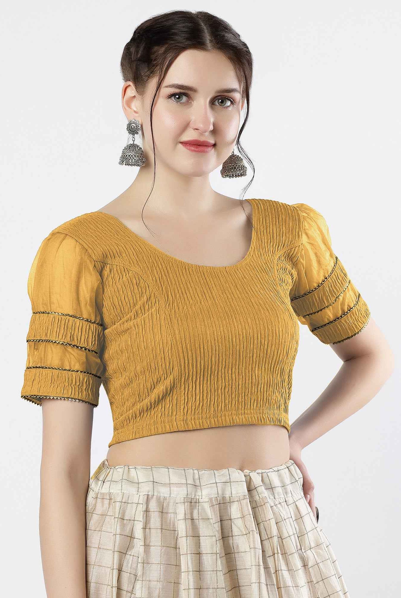 FINESTFIT : STAY ON TREND : Organza Elbow Sleeves Blouse with Fancy Lace - Round Neck, Half and Half Fabric, Women's Fashion 30003