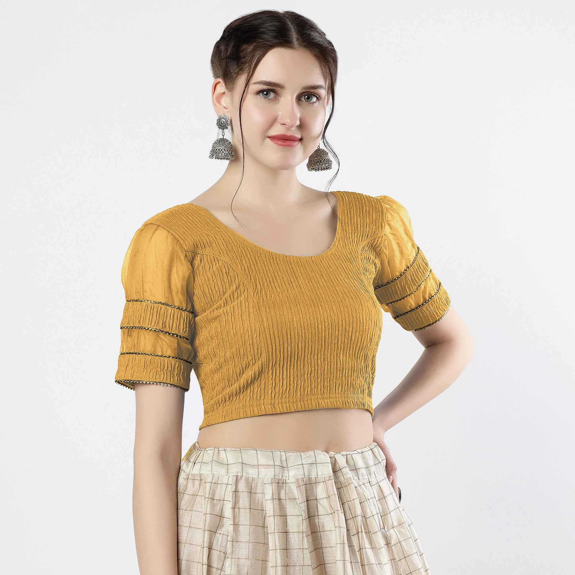 FINESTFIT : STAY ON TREND : Organza Elbow Sleeves Blouse with Fancy Lace - Round Neck, Half and Half Fabric, Women's Fashion 30003