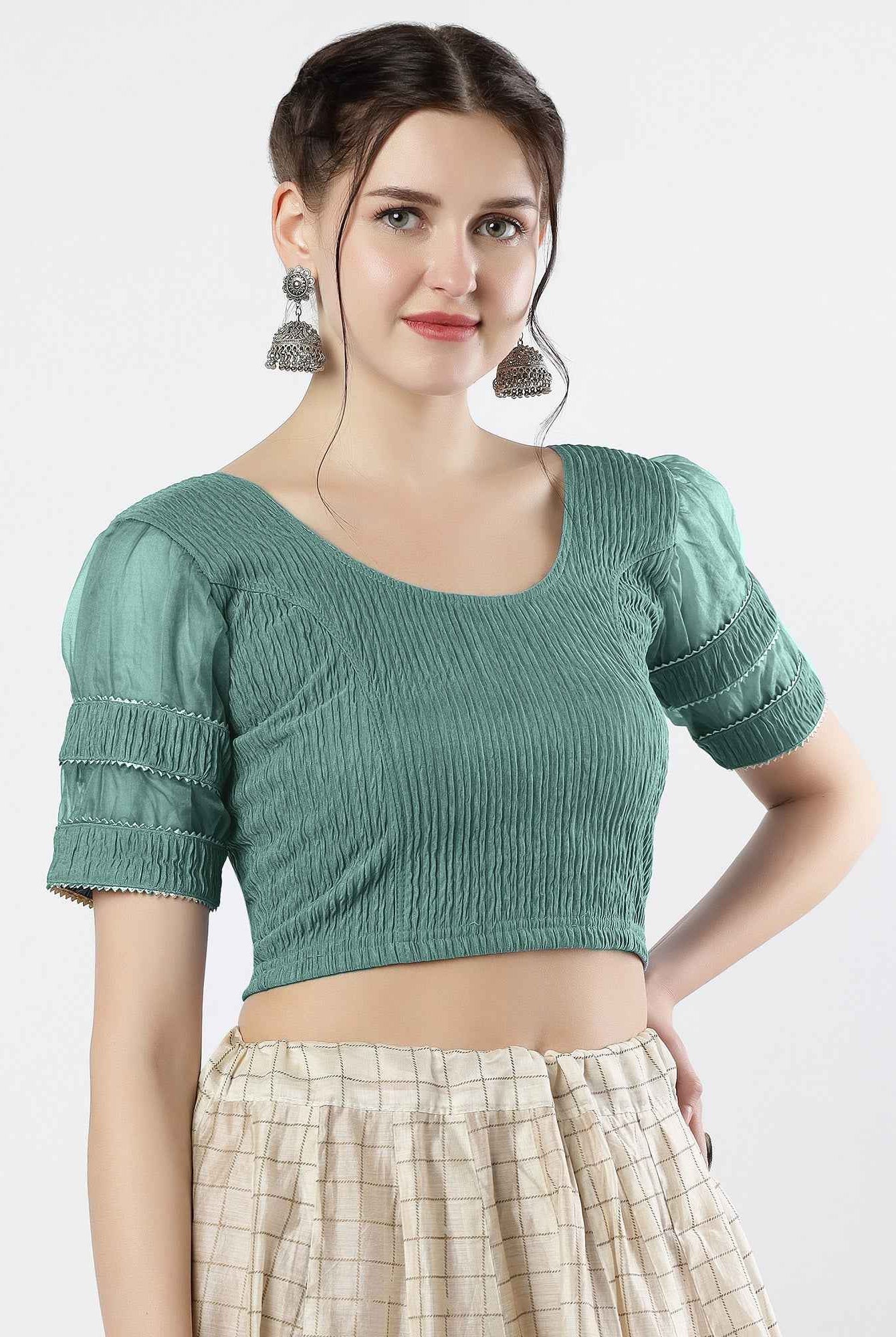 FINESTFIT : STAY ON TREND : Organza Elbow Sleeves Blouse with Fancy Lace - Round Neck, Half and Half Fabric, Women's Fashion 30003