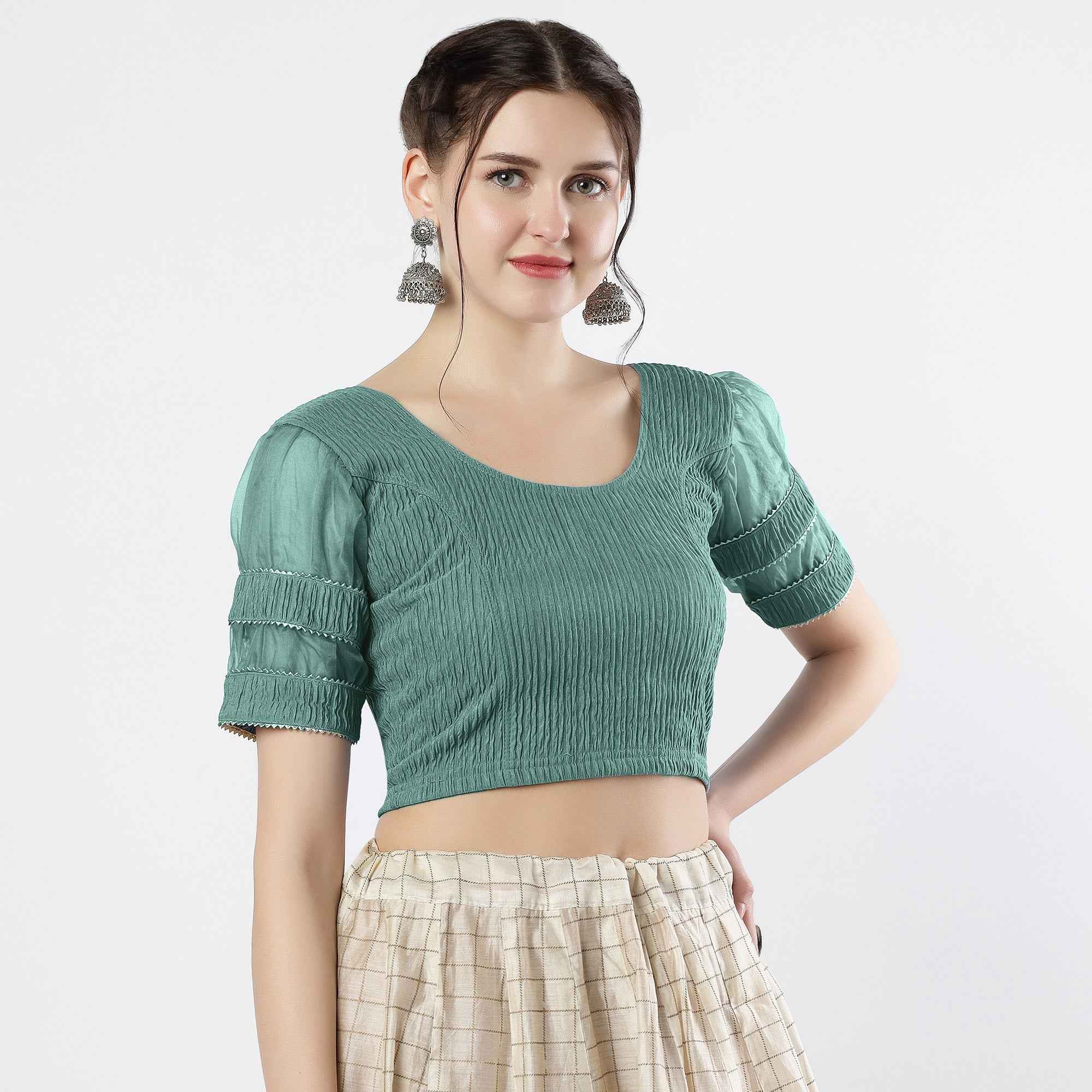 FINESTFIT : STAY ON TREND : Organza Elbow Sleeves Blouse with Fancy Lace - Round Neck, Half and Half Fabric, Women's Fashion 30003