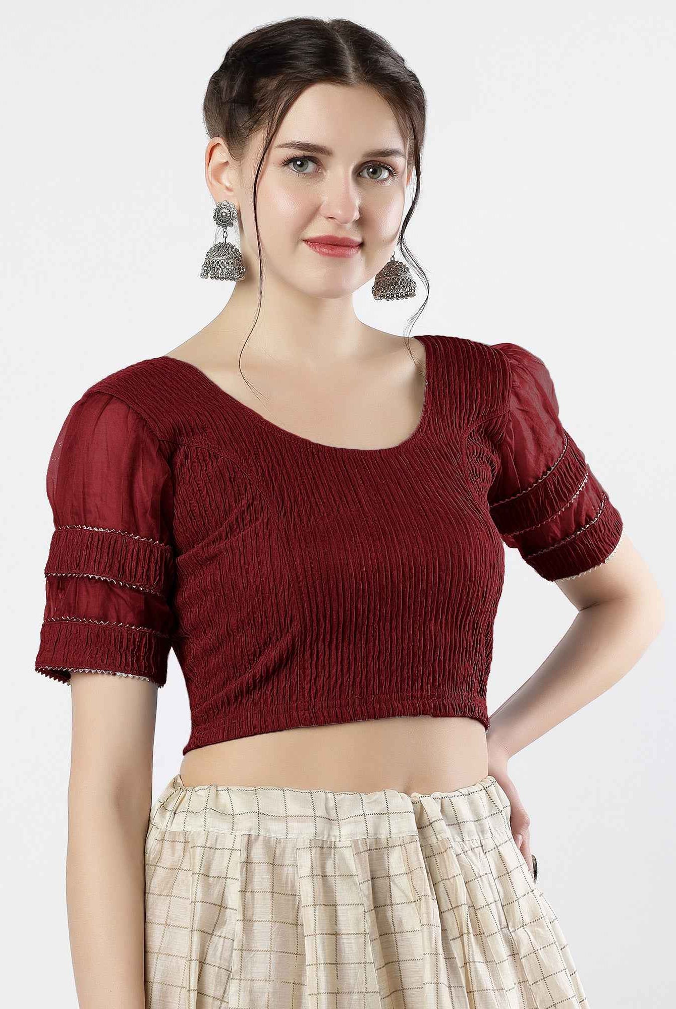 FINESTFIT : STAY ON TREND : Organza Elbow Sleeves Blouse with Fancy Lace - Round Neck, Half and Half Fabric, Women's Fashion 30003