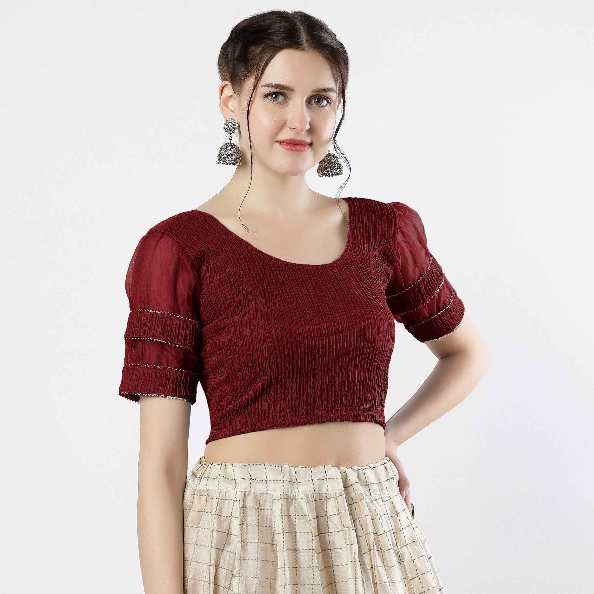 FINESTFIT : STAY ON TREND : Organza Elbow Sleeves Blouse with Fancy Lace - Round Neck, Half and Half Fabric, Women's Fashion 30003