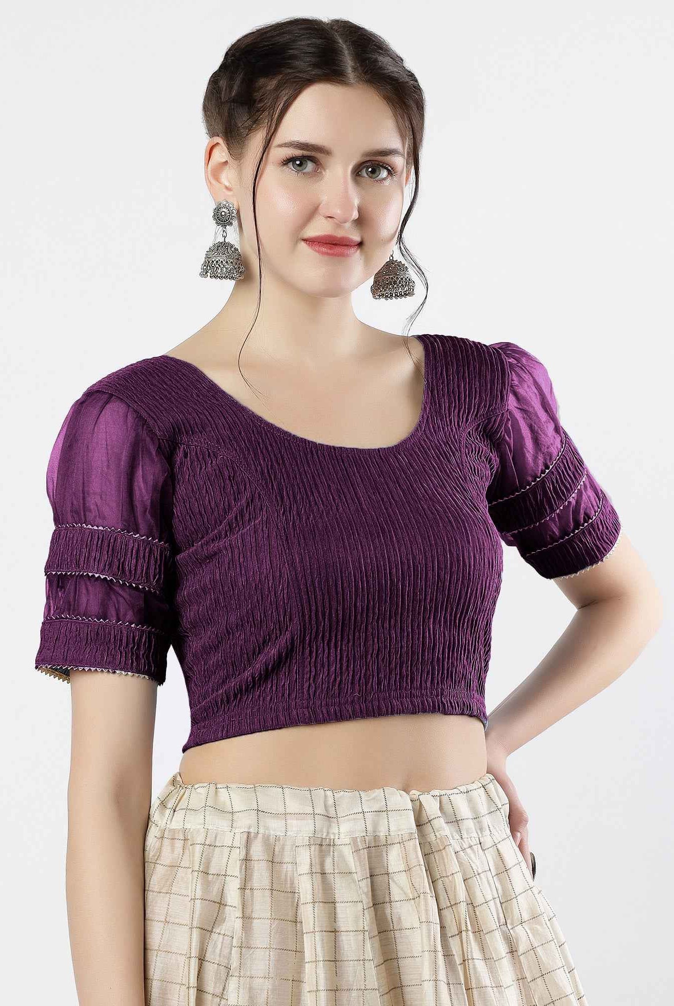 FINESTFIT : STAY ON TREND : Organza Elbow Sleeves Blouse with Fancy Lace - Round Neck, Half and Half Fabric, Women's Fashion 30003