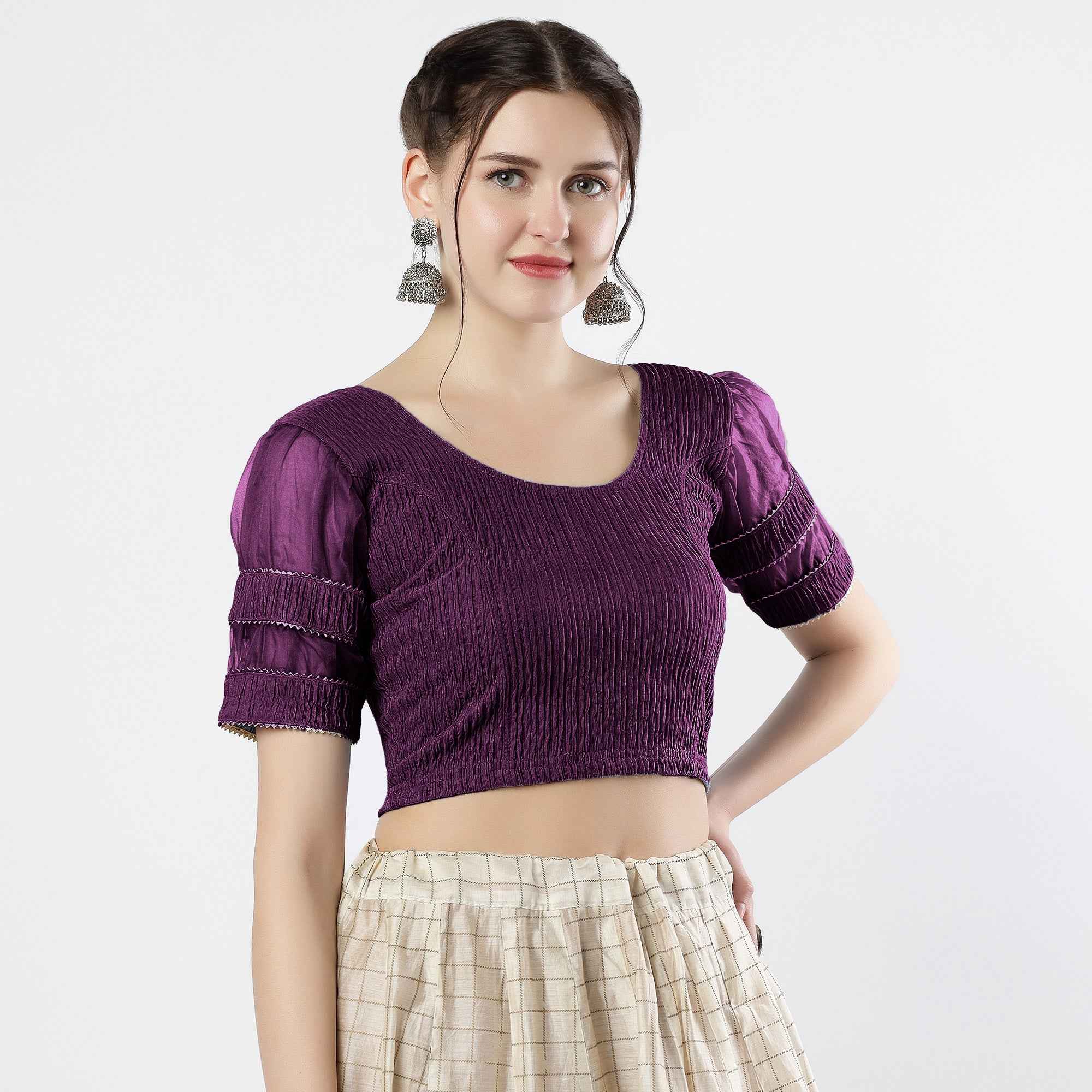 FINESTFIT : STAY ON TREND : Organza Elbow Sleeves Blouse with Fancy Lace - Round Neck, Half and Half Fabric, Women's Fashion 30003