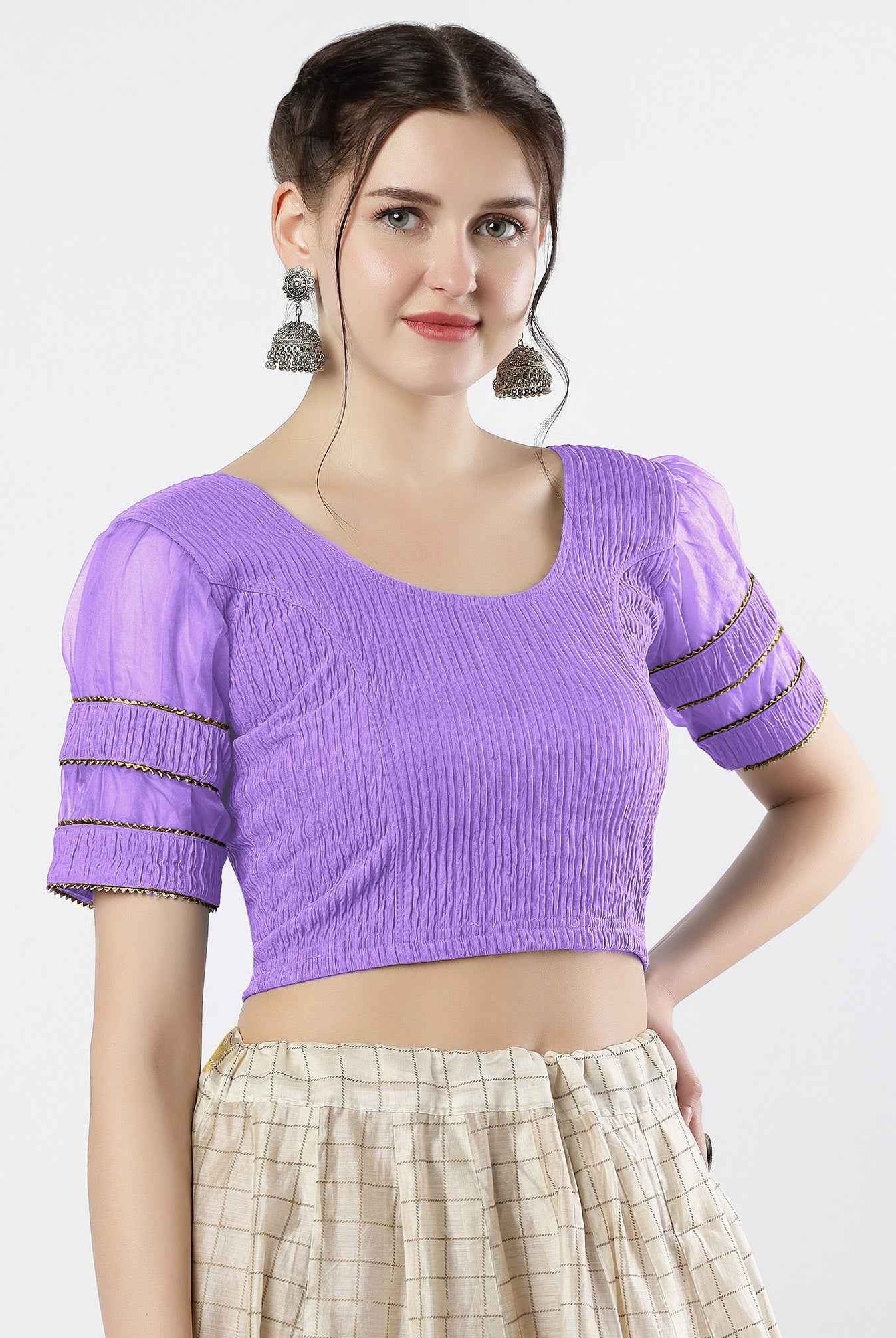 FINESTFIT : STAY ON TREND : Organza Elbow Sleeves Blouse with Fancy Lace - Round Neck, Half and Half Fabric, Women's Fashion 30003