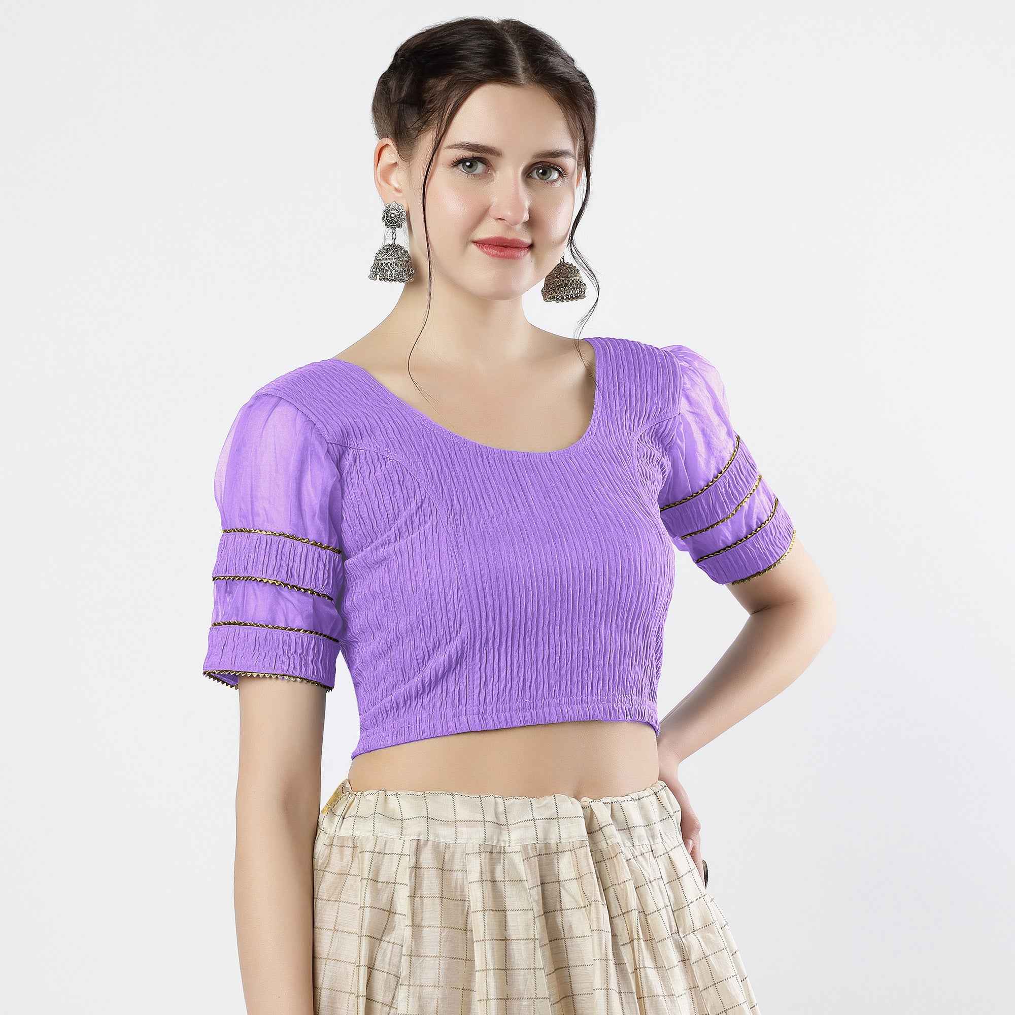 FINESTFIT : STAY ON TREND : Organza Elbow Sleeves Blouse with Fancy Lace - Round Neck, Half and Half Fabric, Women's Fashion 30003