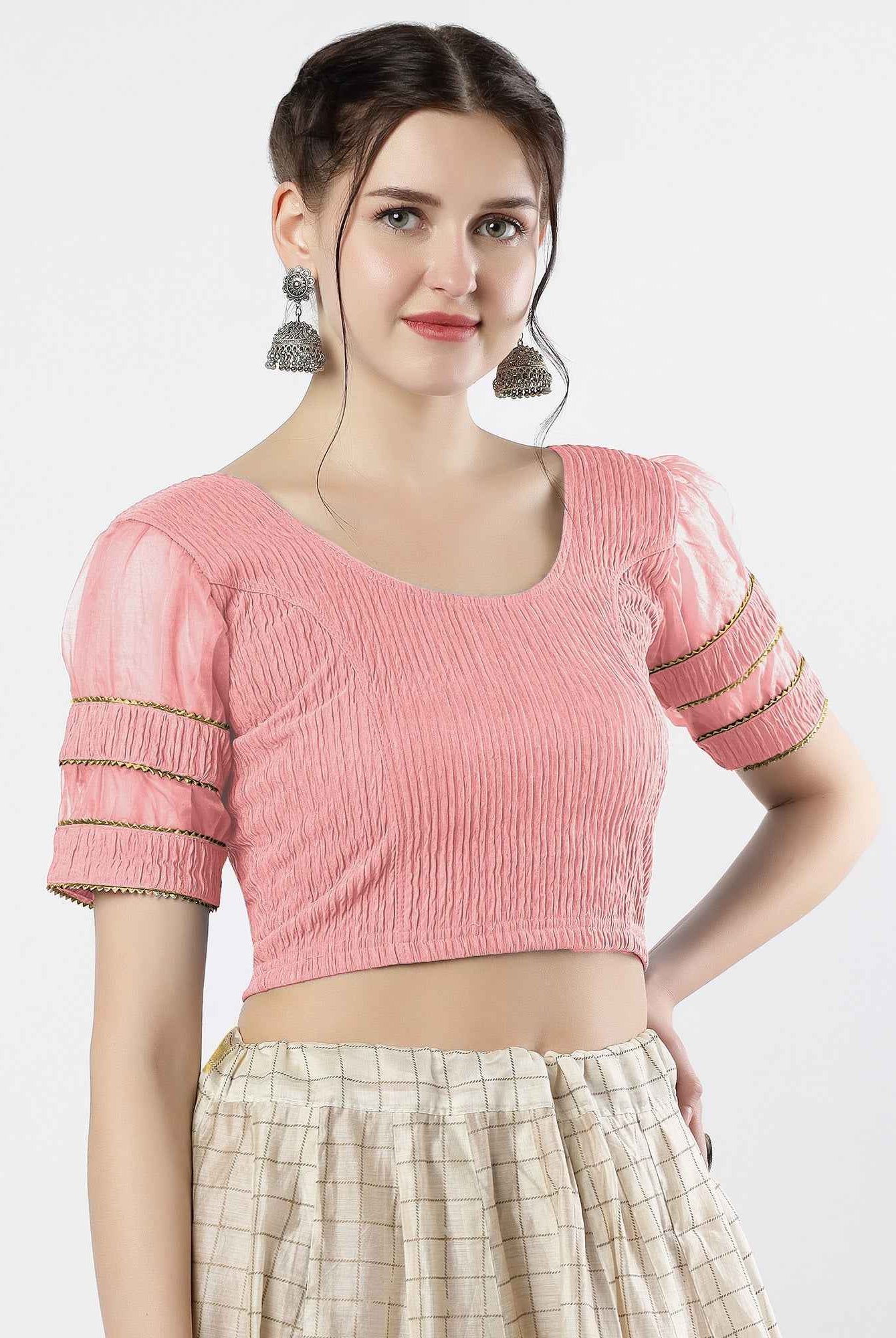 FINESTFIT : STAY ON TREND : Organza Elbow Sleeves Blouse with Fancy Lace - Round Neck, Half and Half Fabric, Women's Fashion 30003