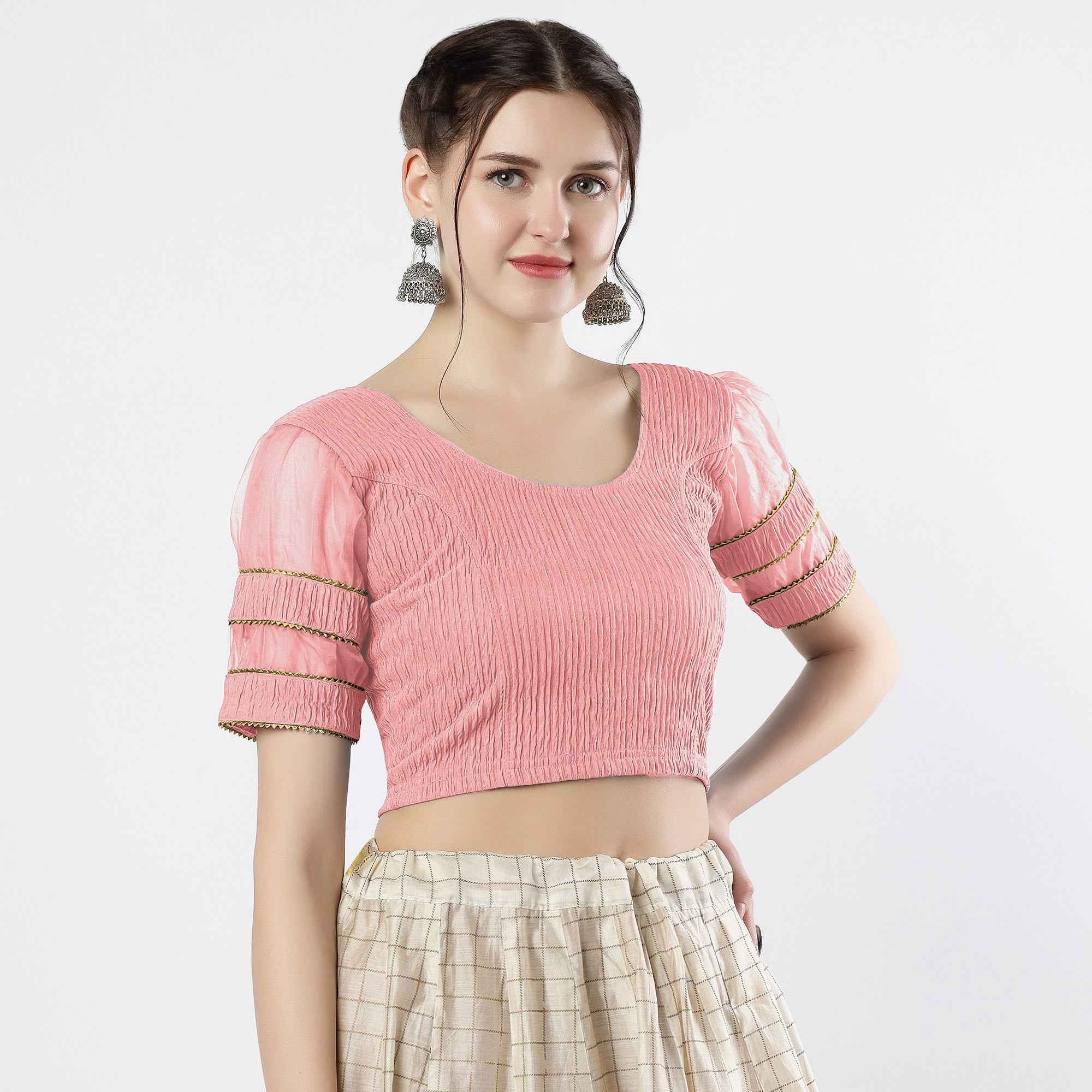 FINESTFIT : STAY ON TREND : Organza Elbow Sleeves Blouse with Fancy Lace - Round Neck, Half and Half Fabric, Women's Fashion 30003