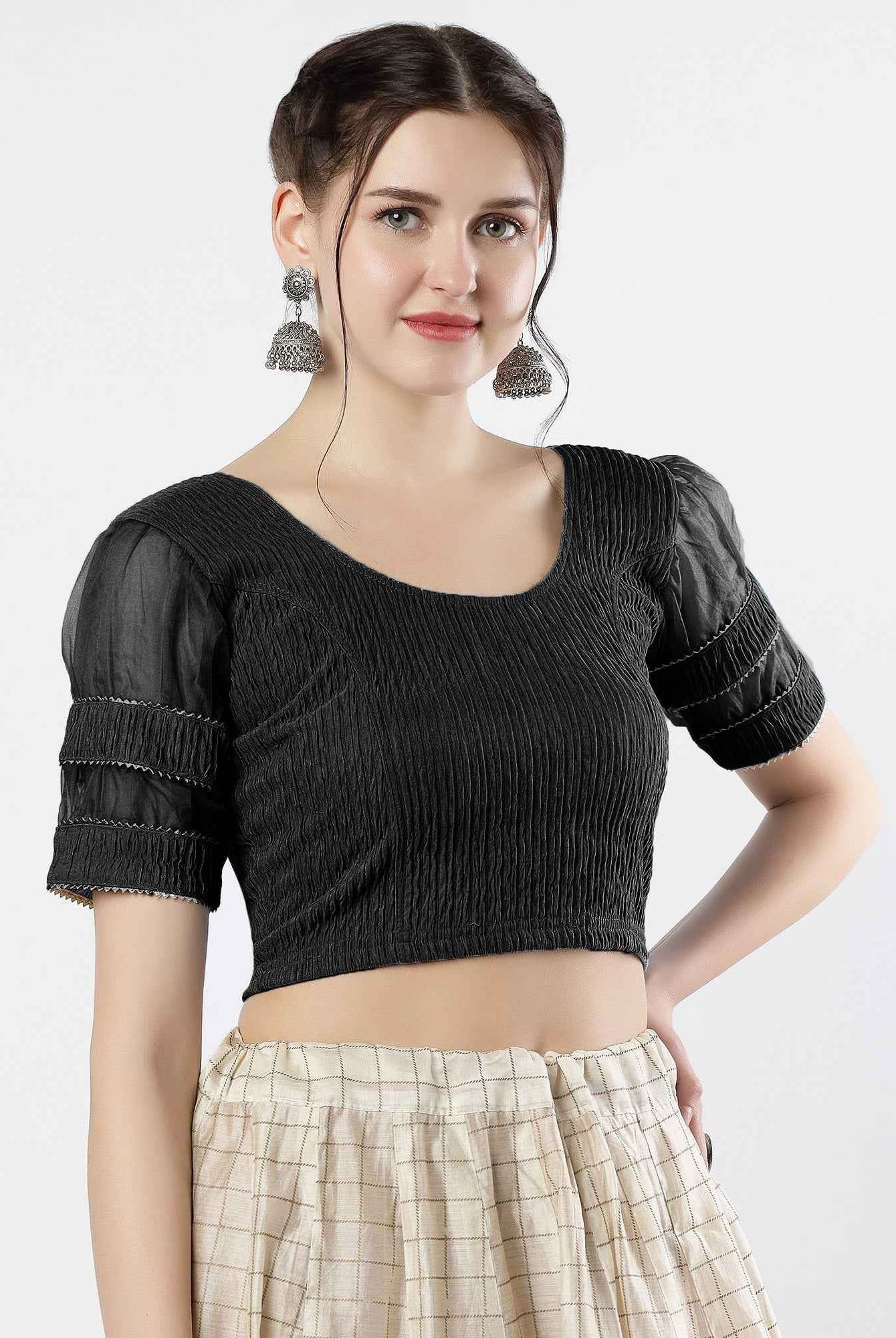 FINESTFIT : STAY ON TREND : Organza Elbow Sleeves Blouse with Fancy Lace - Round Neck, Half and Half Fabric, Women's Fashion 30003