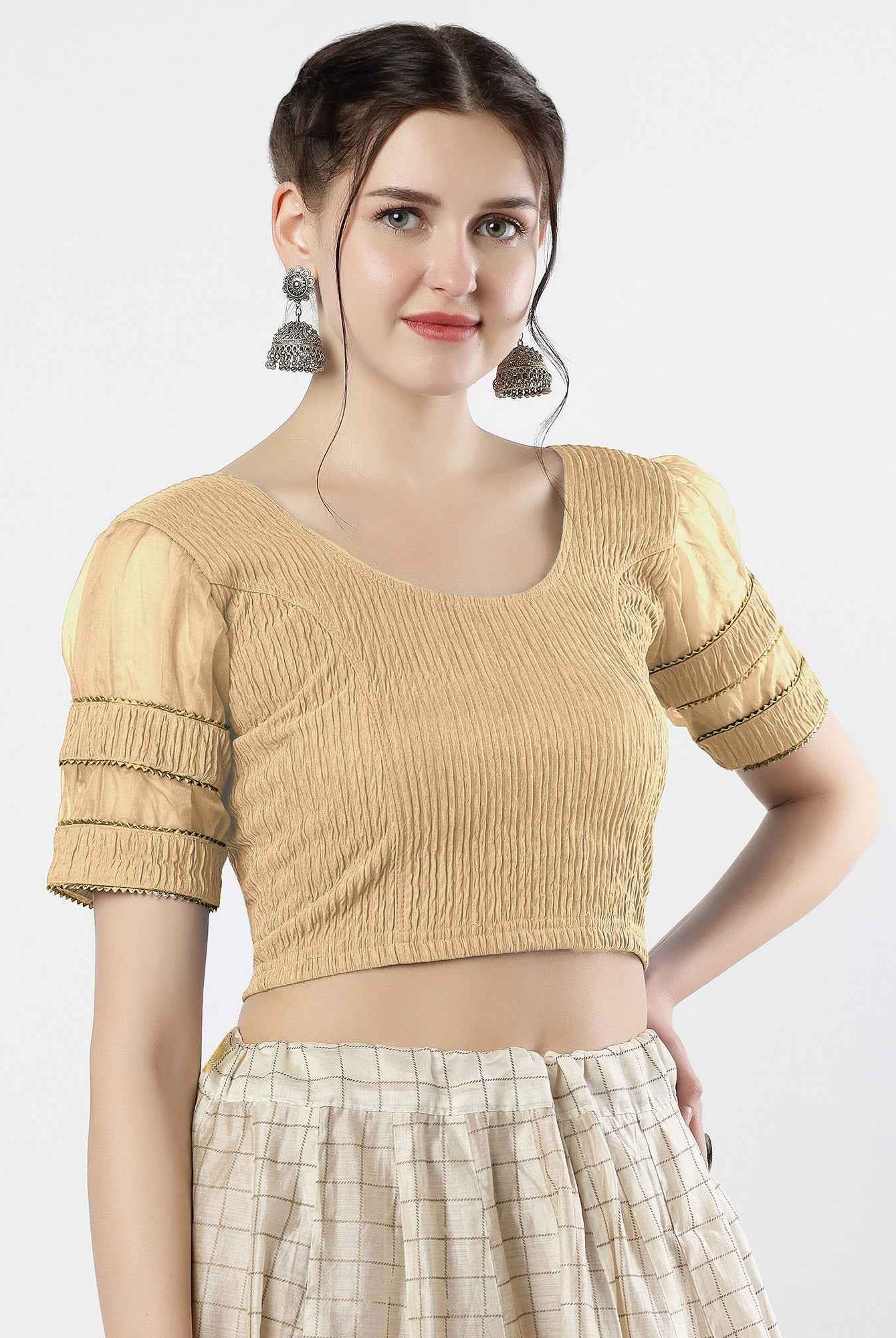 FINESTFIT : STAY ON TREND : Organza Elbow Sleeves Blouse with Fancy Lace - Round Neck, Half and Half Fabric, Women's Fashion 30003