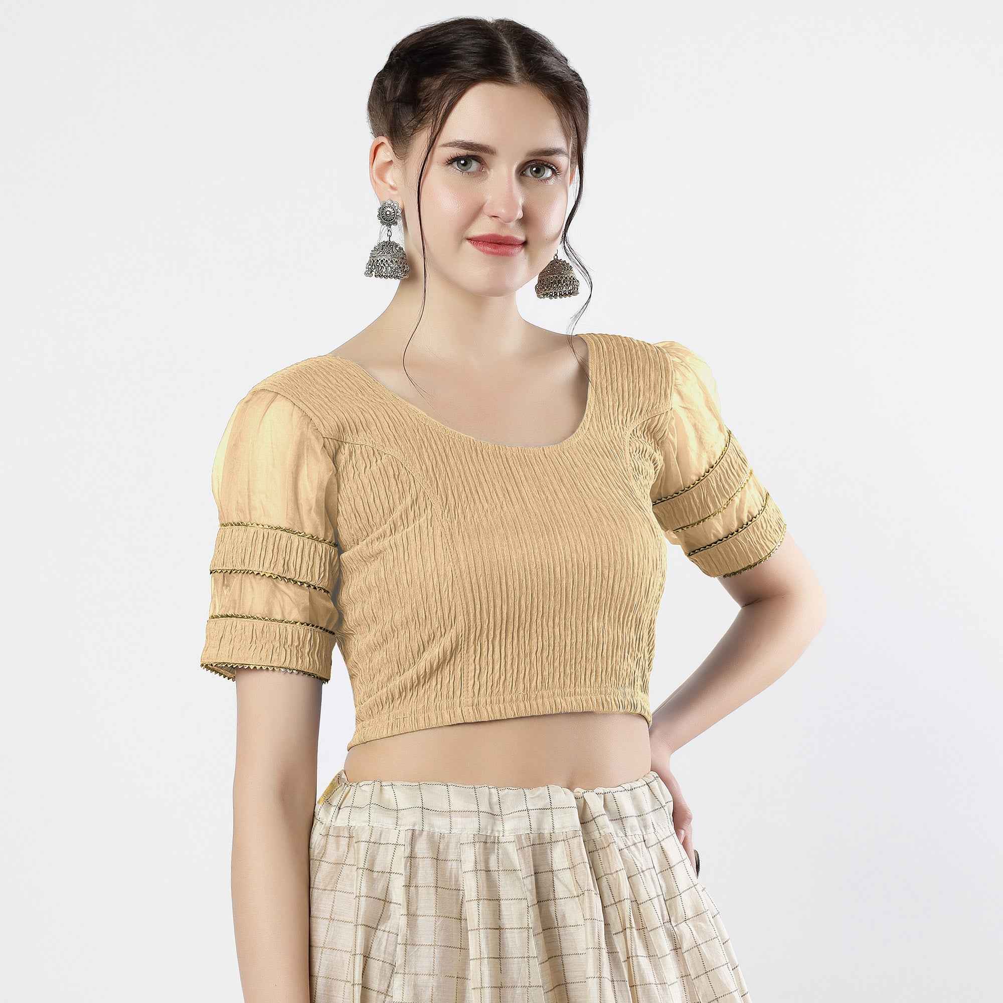 FINESTFIT : STAY ON TREND : Organza Elbow Sleeves Blouse with Fancy Lace - Round Neck, Half and Half Fabric, Women's Fashion 30003