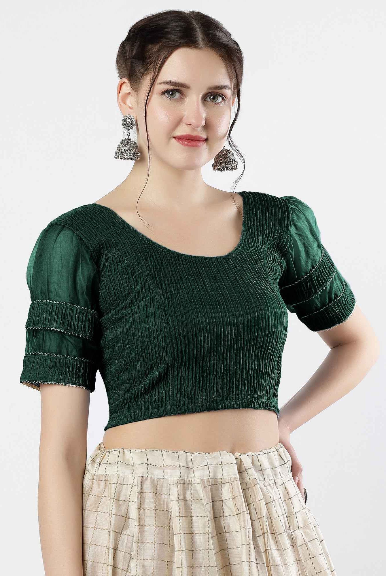 FINESTFIT : STAY ON TREND : Organza Elbow Sleeves Blouse with Fancy Lace - Round Neck, Half and Half Fabric, Women's Fashion 30003