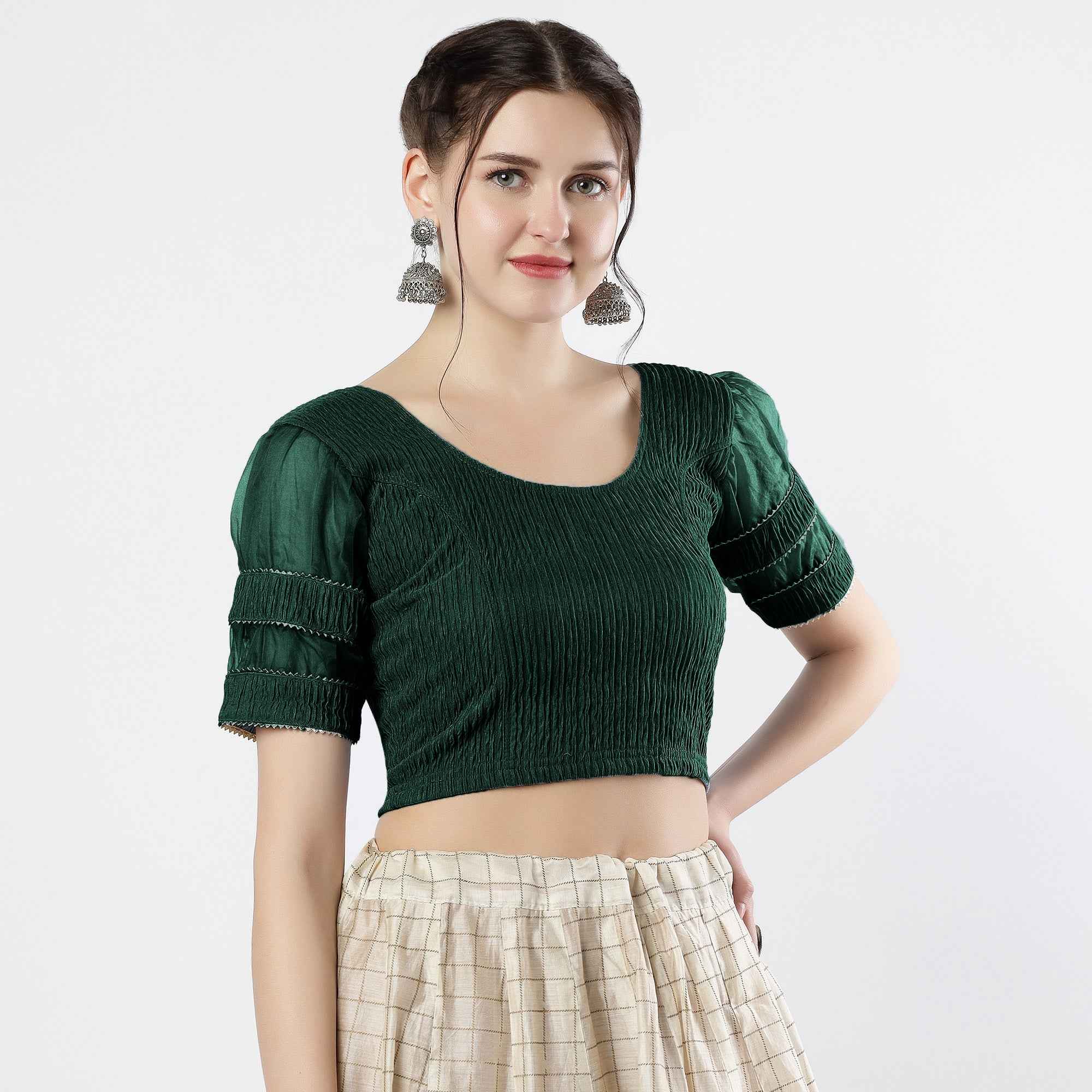 FINESTFIT : STAY ON TREND : Organza Elbow Sleeves Blouse with Fancy Lace - Round Neck, Half and Half Fabric, Women's Fashion 30003