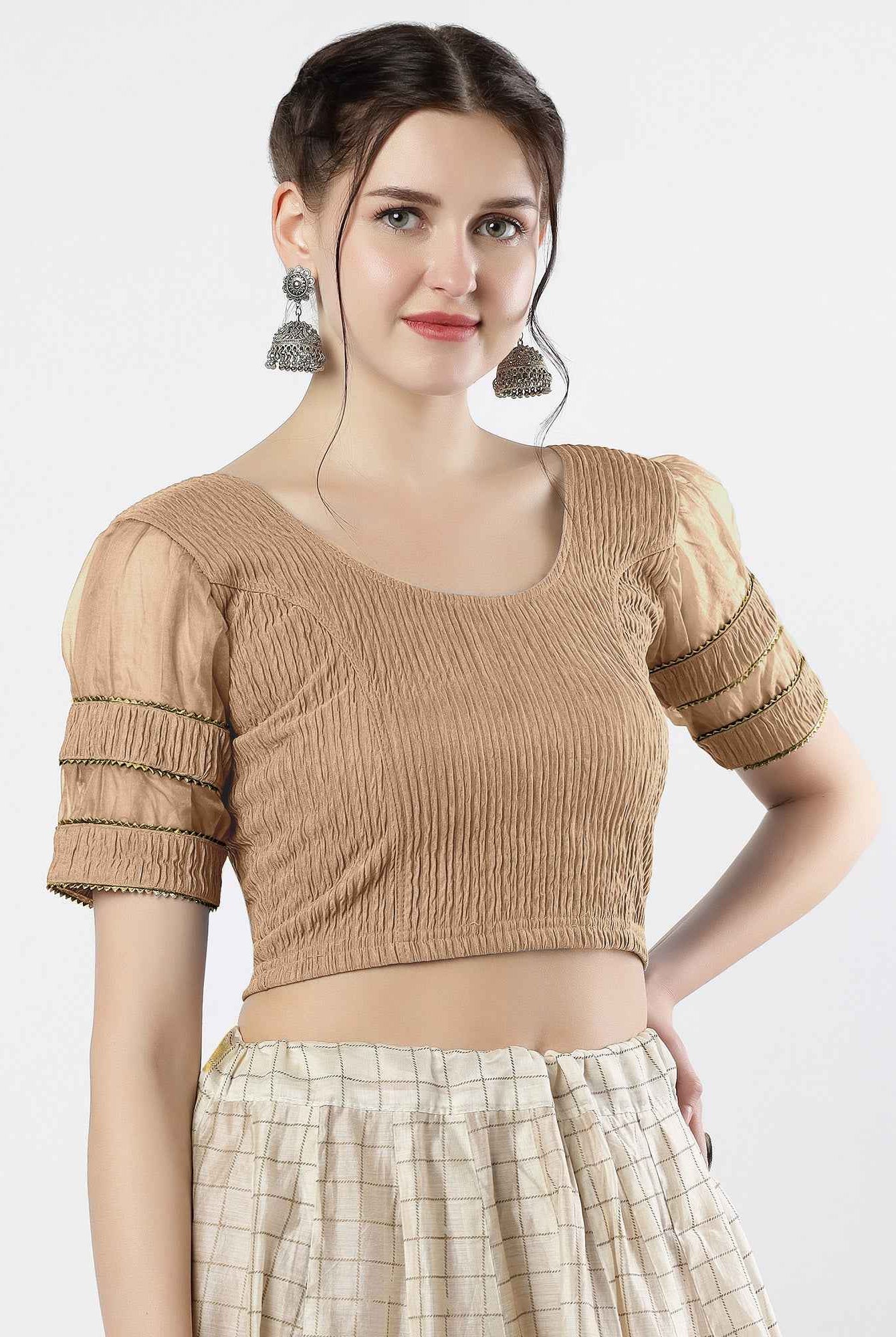 FINESTFIT : STAY ON TREND : Organza Elbow Sleeves Blouse with Fancy Lace - Round Neck, Half and Half Fabric, Women's Fashion 30003