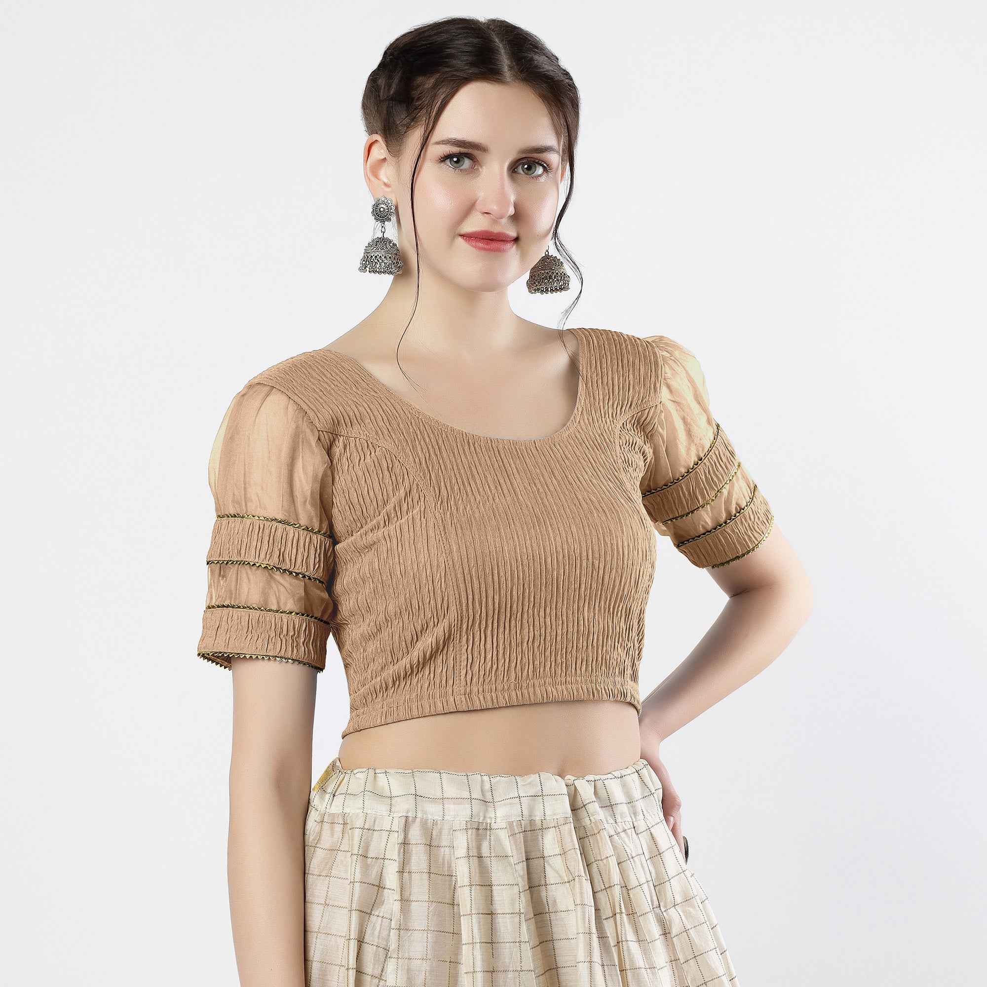 FINESTFIT : STAY ON TREND : Organza Elbow Sleeves Blouse with Fancy Lace - Round Neck, Half and Half Fabric, Women's Fashion 30003