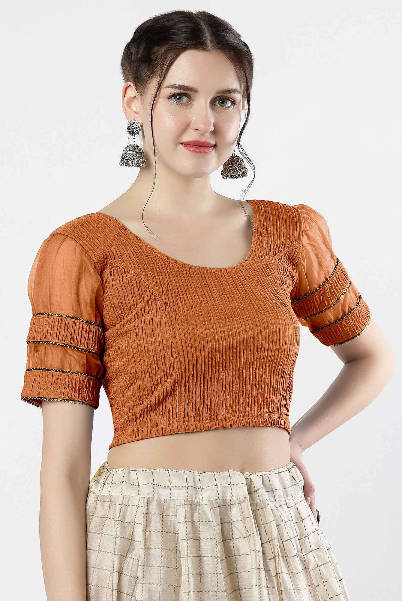 FINESTFIT : STAY ON TREND : Organza Elbow Sleeves Blouse with Fancy Lace - Round Neck, Half and Half Fabric, Women's Fashion 30003