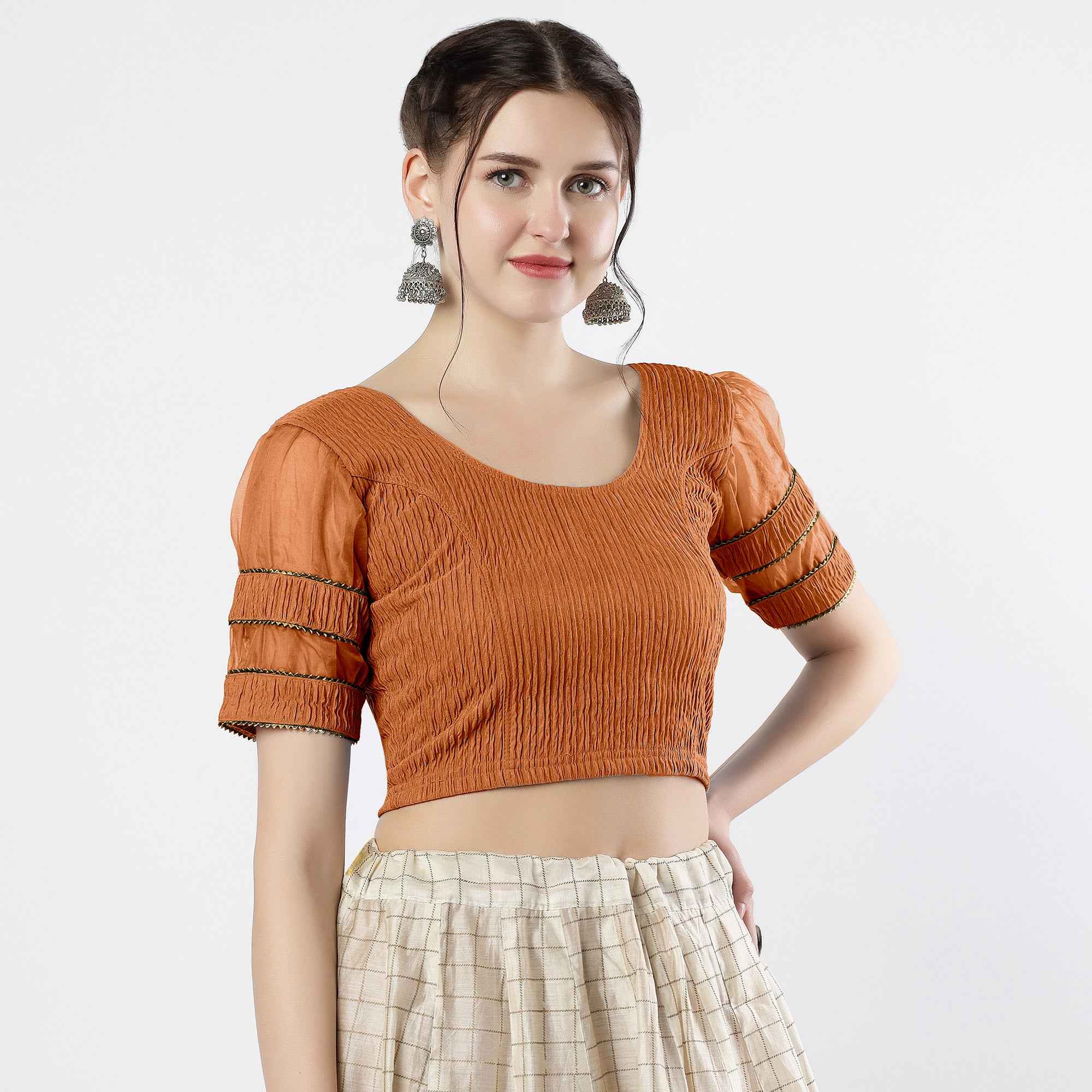 FINESTFIT : STAY ON TREND : Organza Elbow Sleeves Blouse with Fancy Lace - Round Neck, Half and Half Fabric, Women's Fashion 30003