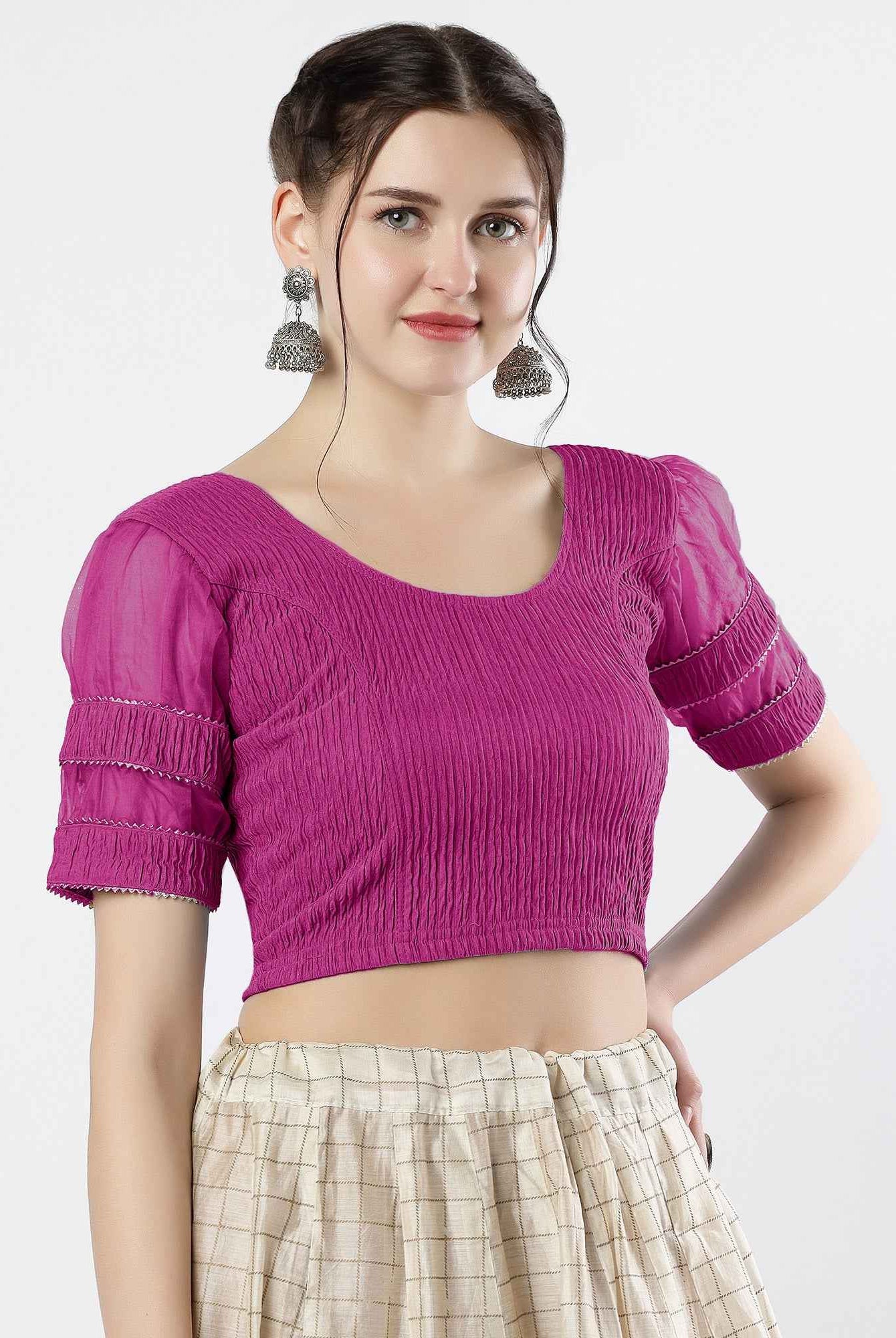 FINESTFIT : STAY ON TREND : Organza Elbow Sleeves Blouse with Fancy Lace - Round Neck, Half and Half Fabric, Women's Fashion 30003