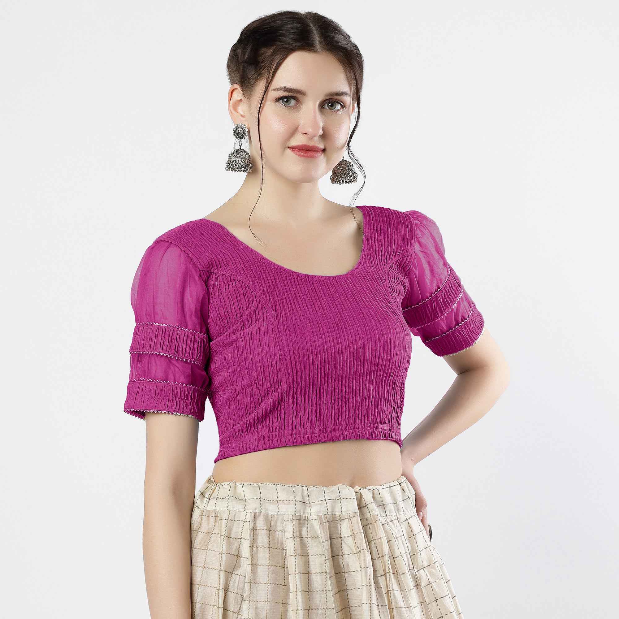 FINESTFIT : STAY ON TREND : Organza Elbow Sleeves Blouse with Fancy Lace - Round Neck, Half and Half Fabric, Women's Fashion 30003