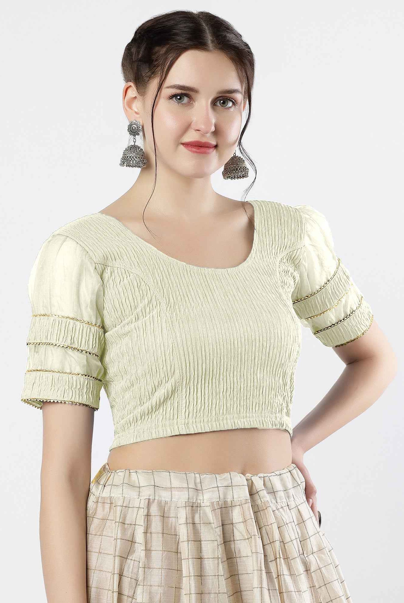 FINESTFIT : STAY ON TREND : Organza Elbow Sleeves Blouse with Fancy Lace - Round Neck, Half and Half Fabric, Women's Fashion 30003