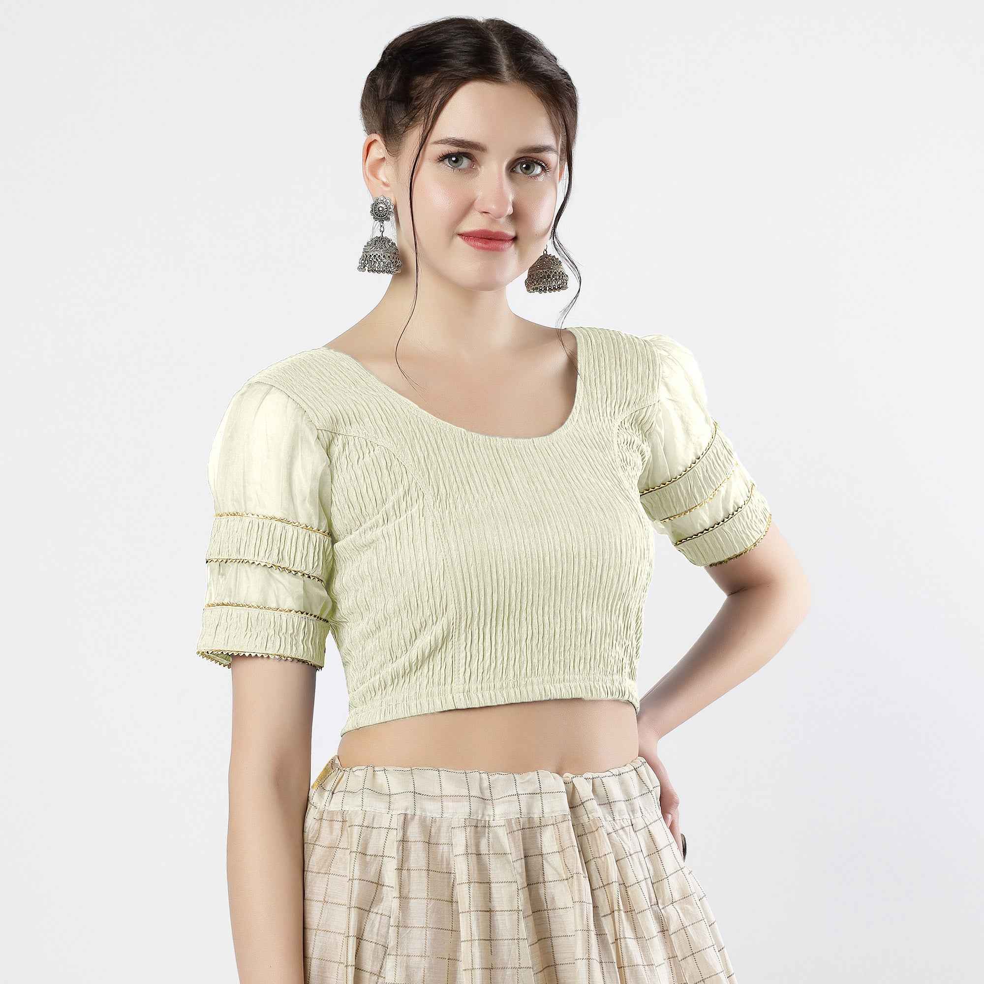 FINESTFIT : STAY ON TREND : Organza Elbow Sleeves Blouse with Fancy Lace - Round Neck, Half and Half Fabric, Women's Fashion 30003