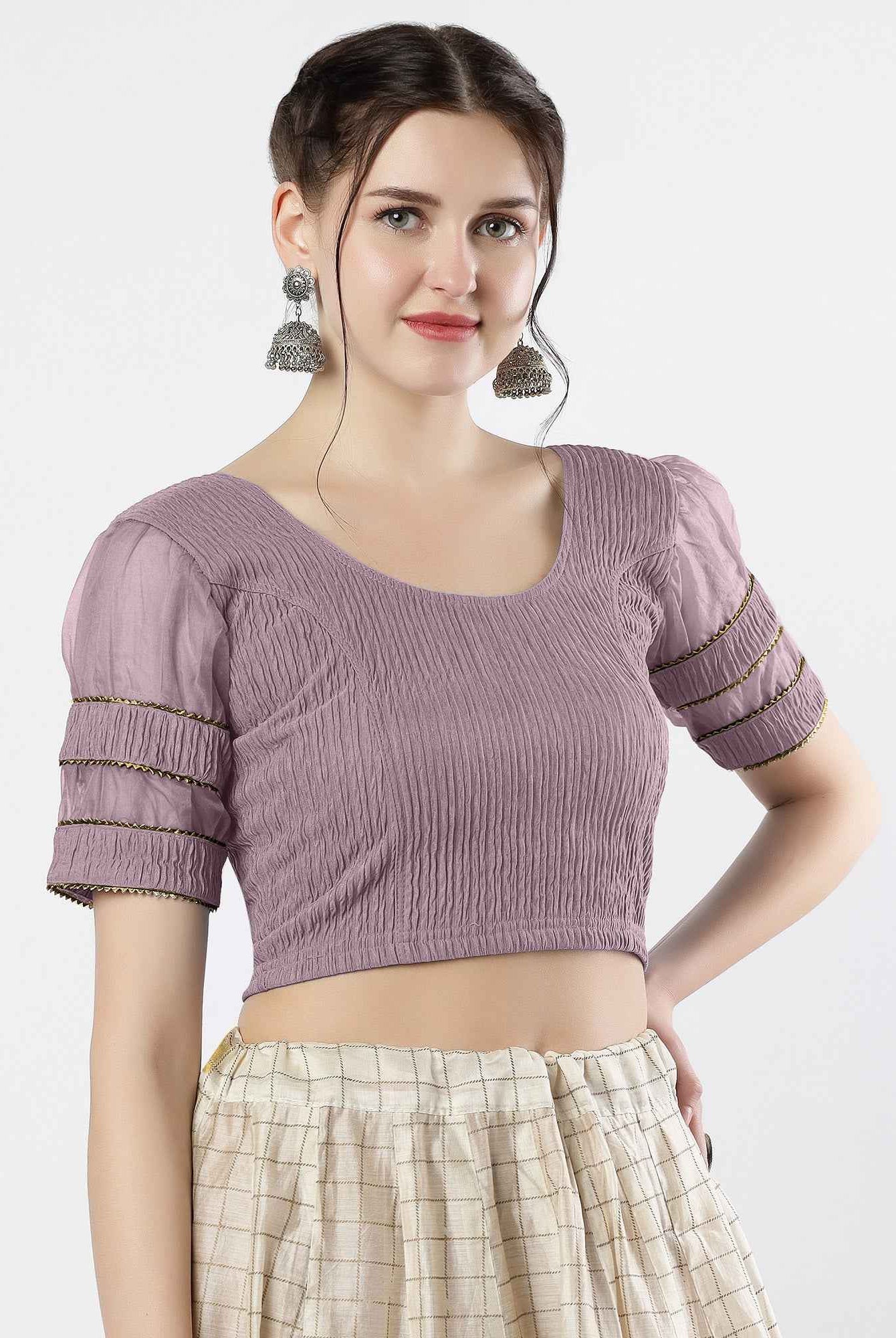 FINESTFIT : STAY ON TREND : Organza Elbow Sleeves Blouse with Fancy Lace - Round Neck, Half and Half Fabric, Women's Fashion 30003