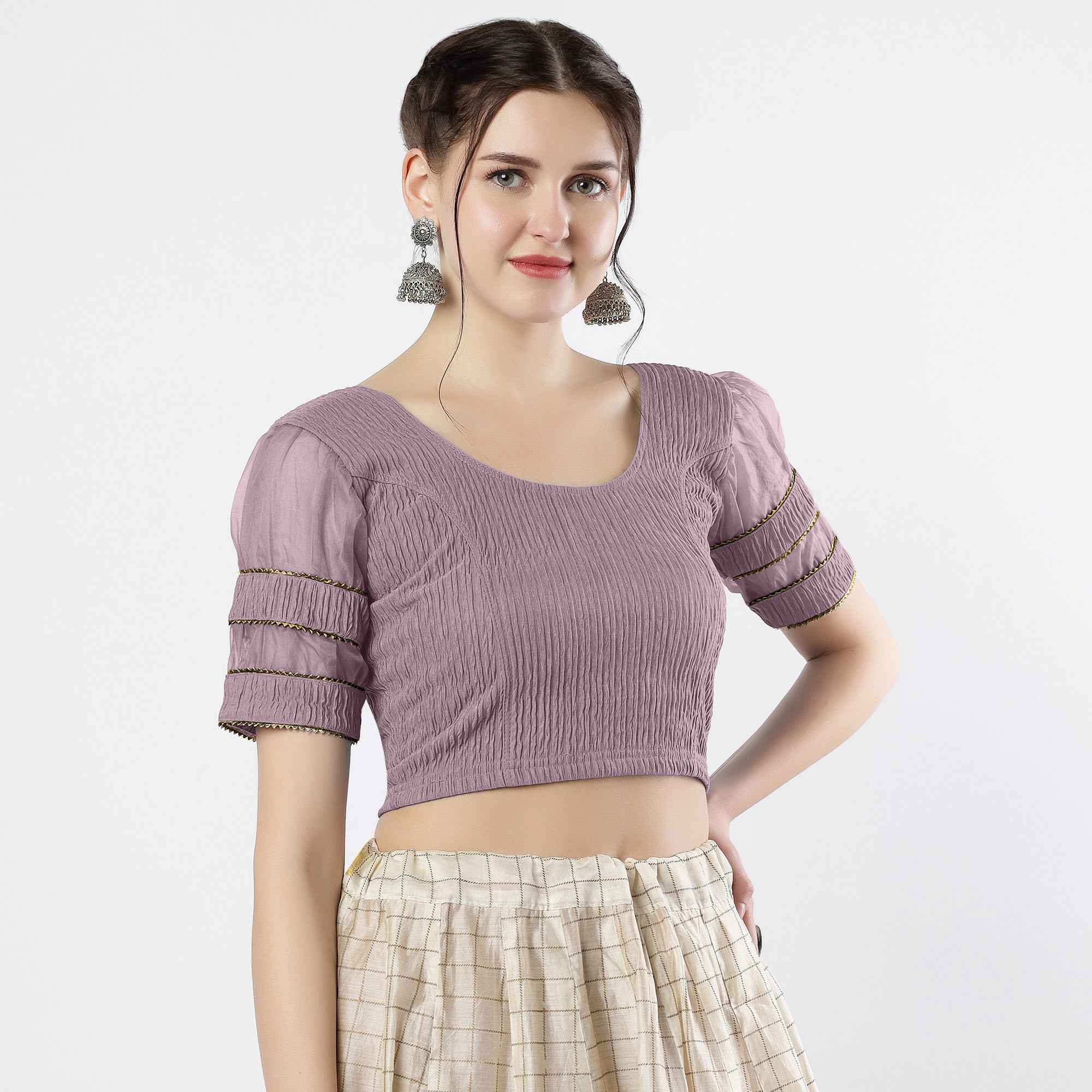 FINESTFIT : STAY ON TREND : Organza Elbow Sleeves Blouse with Fancy Lace - Round Neck, Half and Half Fabric, Women's Fashion 30003