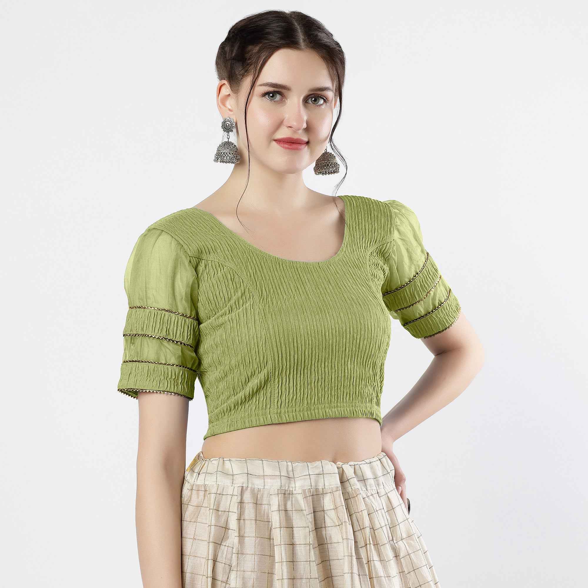 FINESTFIT : STAY ON TREND : Organza Elbow Sleeves Blouse with Fancy Lace - Round Neck, Half and Half Fabric, Women's Fashion 30003