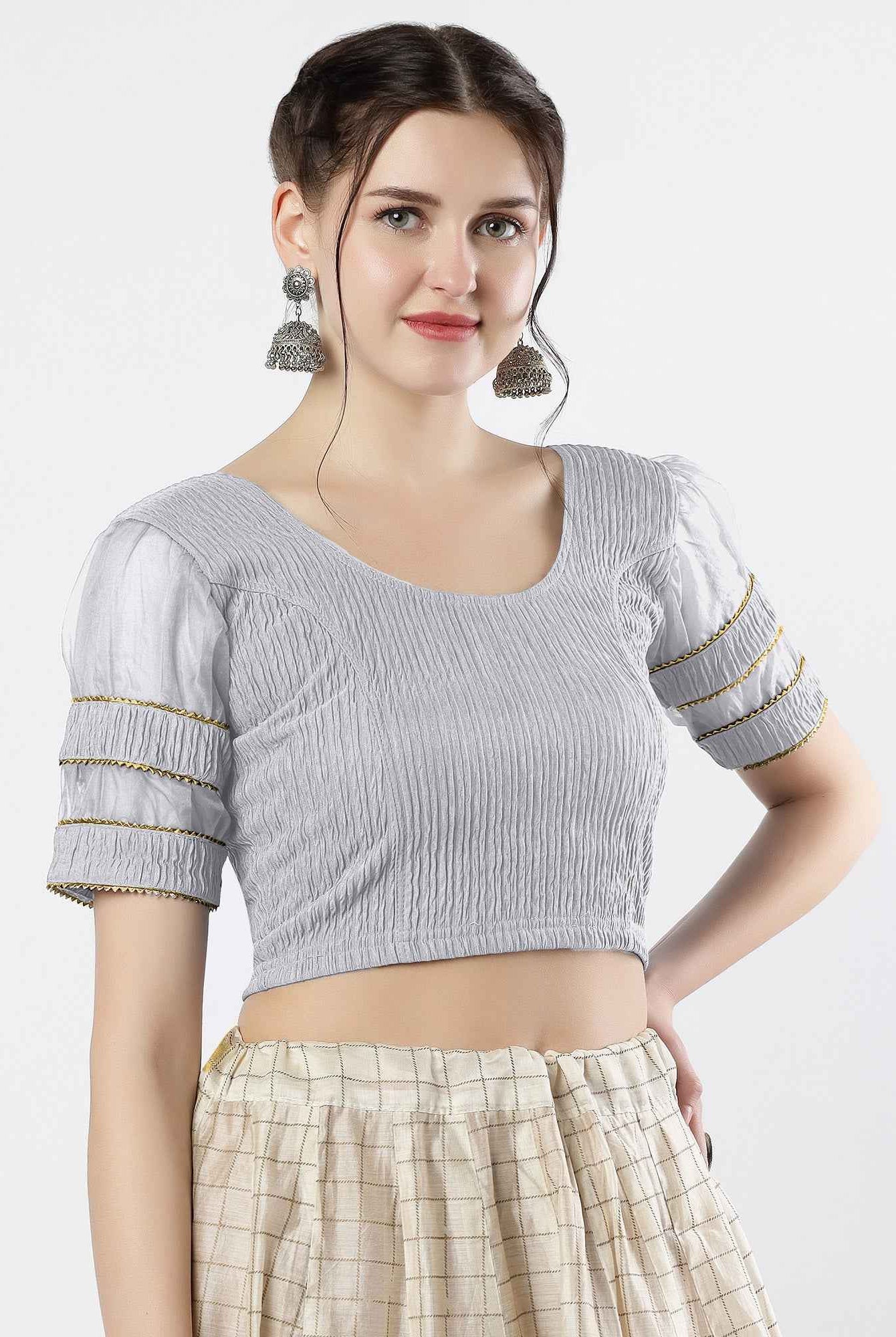 FINESTFIT : STAY ON TREND : Organza Elbow Sleeves Blouse with Fancy Lace - Round Neck, Half and Half Fabric, Women's Fashion 30003