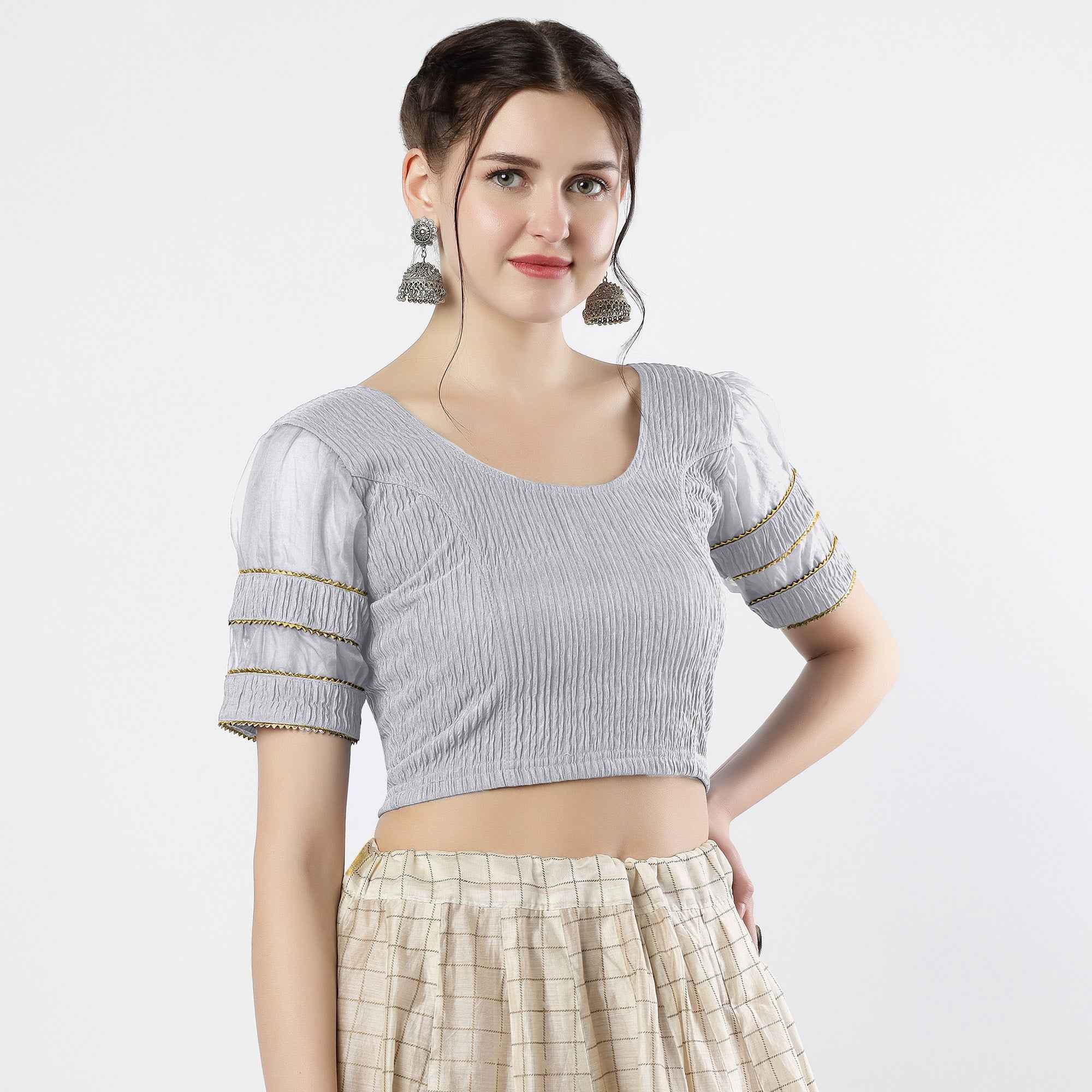 FINESTFIT : STAY ON TREND : Organza Elbow Sleeves Blouse with Fancy Lace - Round Neck, Half and Half Fabric, Women's Fashion 30003