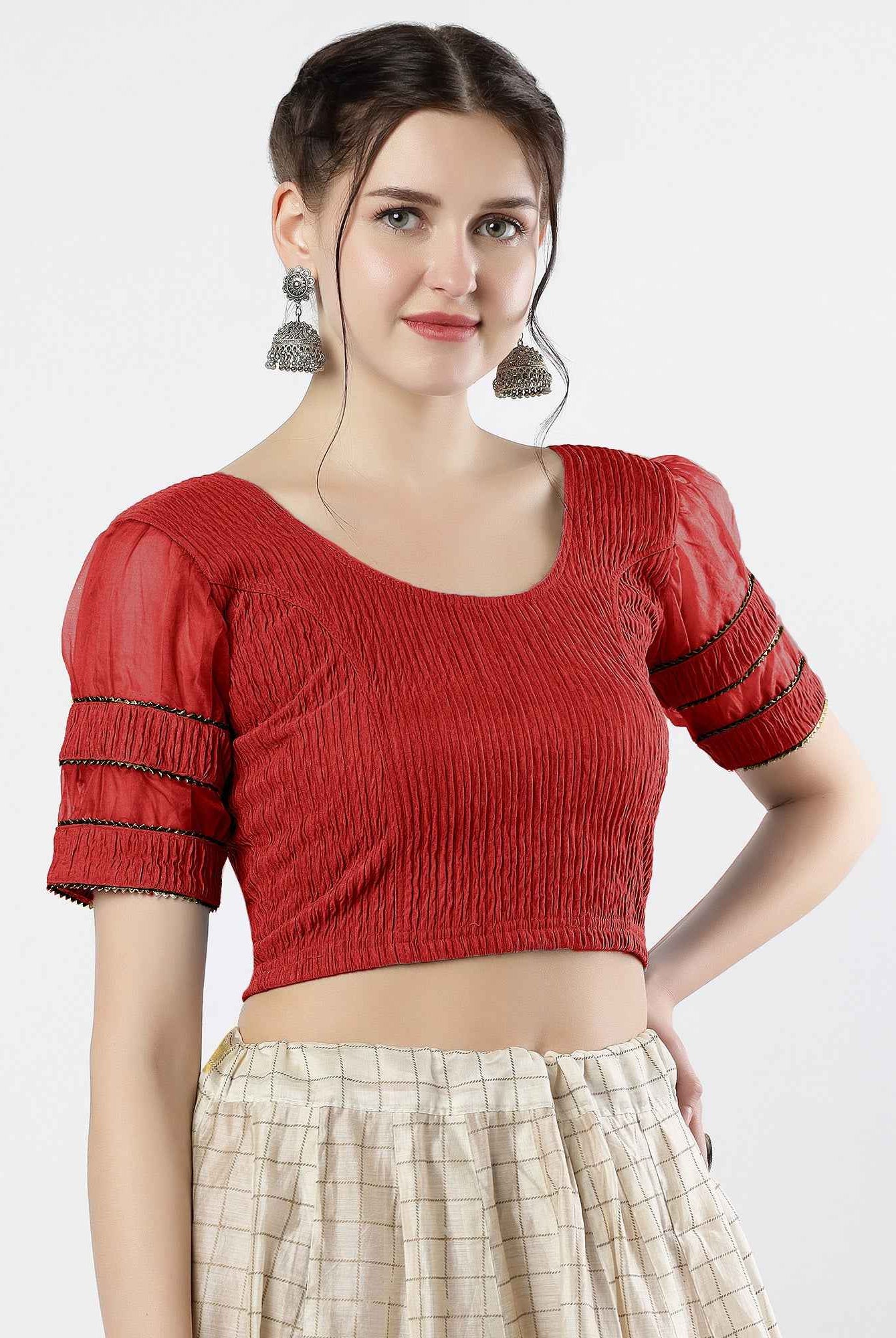 FINESTFIT : STAY ON TREND : Organza Elbow Sleeves Blouse with Fancy Lace - Round Neck, Half and Half Fabric, Women's Fashion 30003