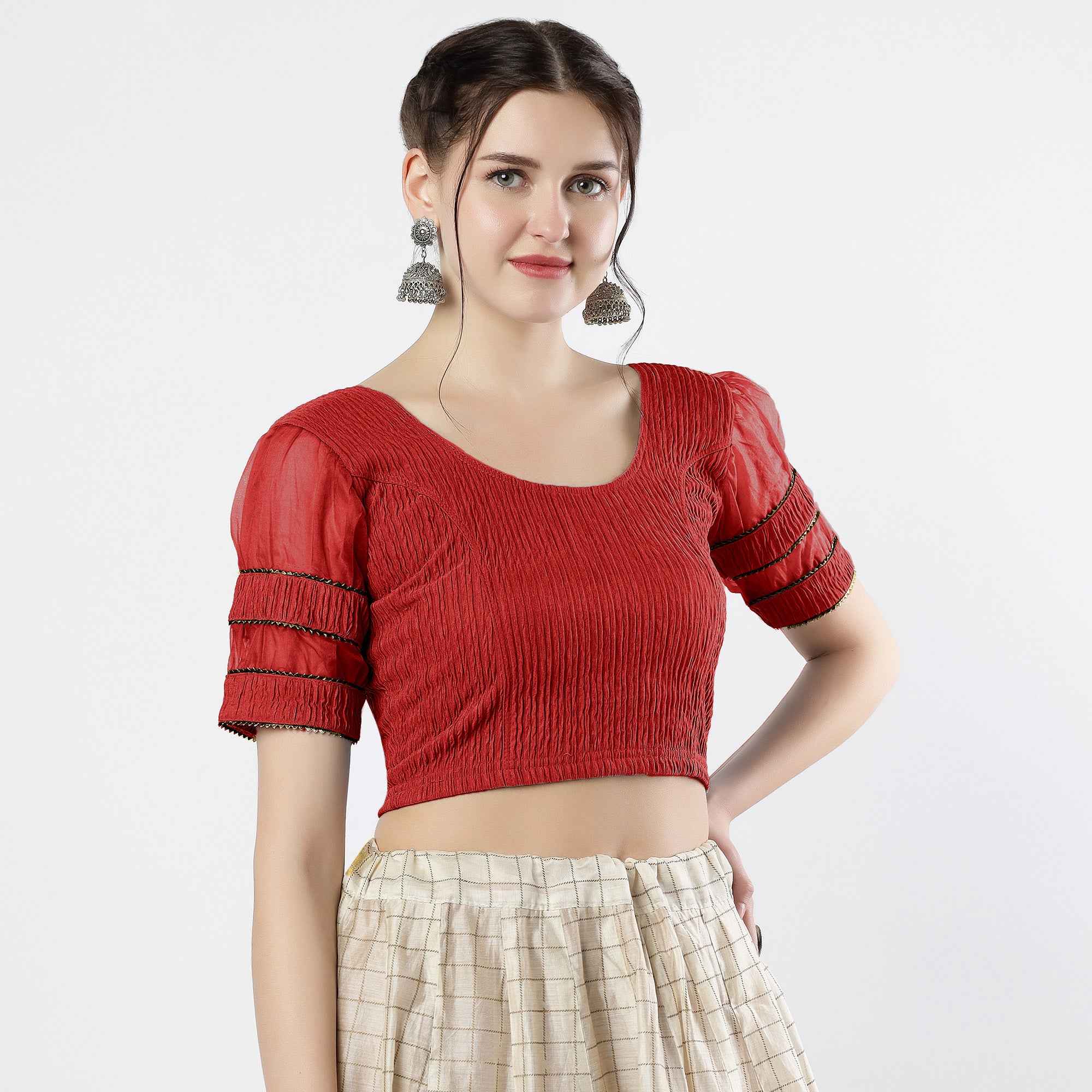 FINESTFIT : STAY ON TREND : Organza Elbow Sleeves Blouse with Fancy Lace - Round Neck, Half and Half Fabric, Women's Fashion 30003