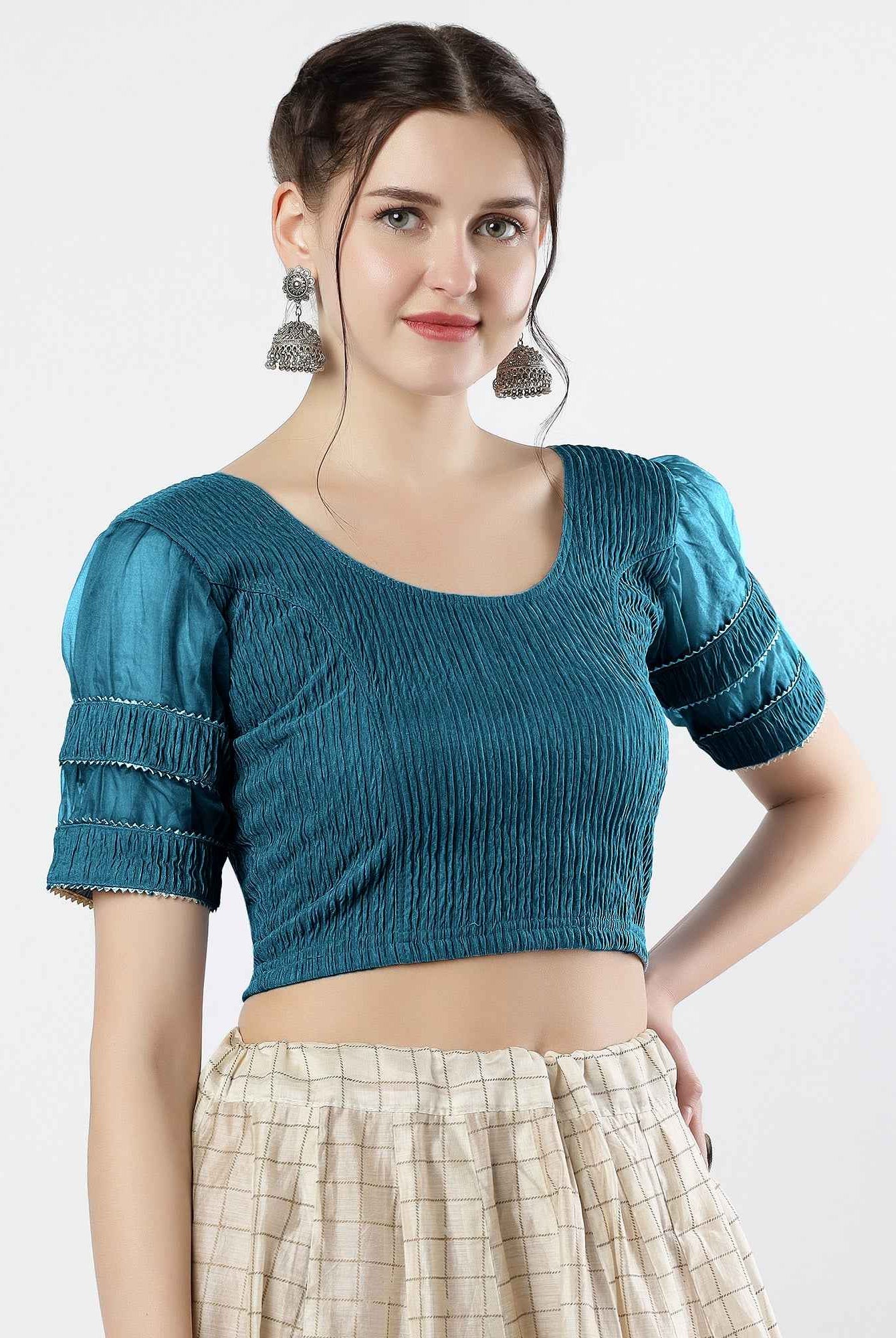 FINESTFIT : STAY ON TREND : Organza Elbow Sleeves Blouse with Fancy Lace - Round Neck, Half and Half Fabric, Women's Fashion 30003