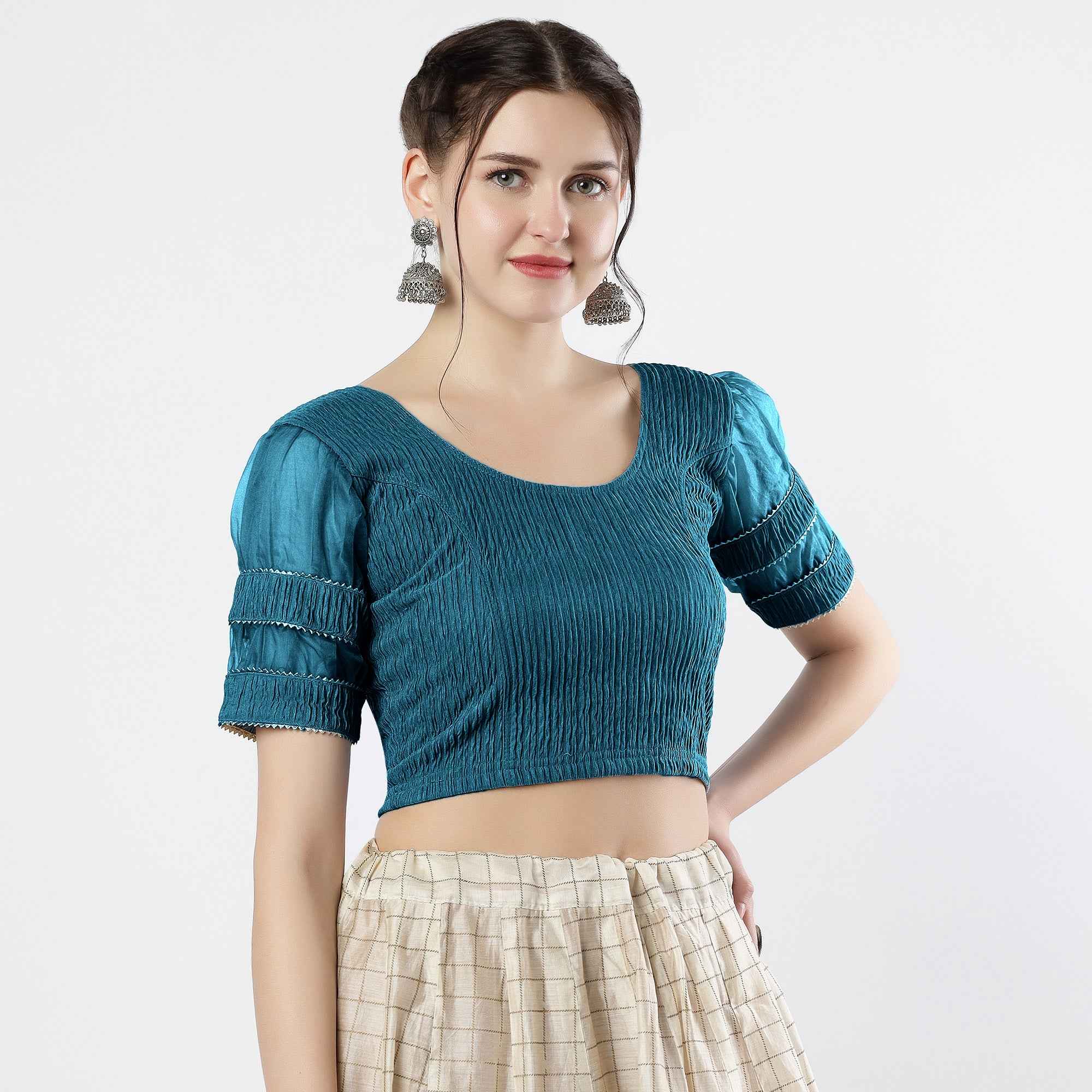 FINESTFIT : STAY ON TREND : Organza Elbow Sleeves Blouse with Fancy Lace - Round Neck, Half and Half Fabric, Women's Fashion 30003