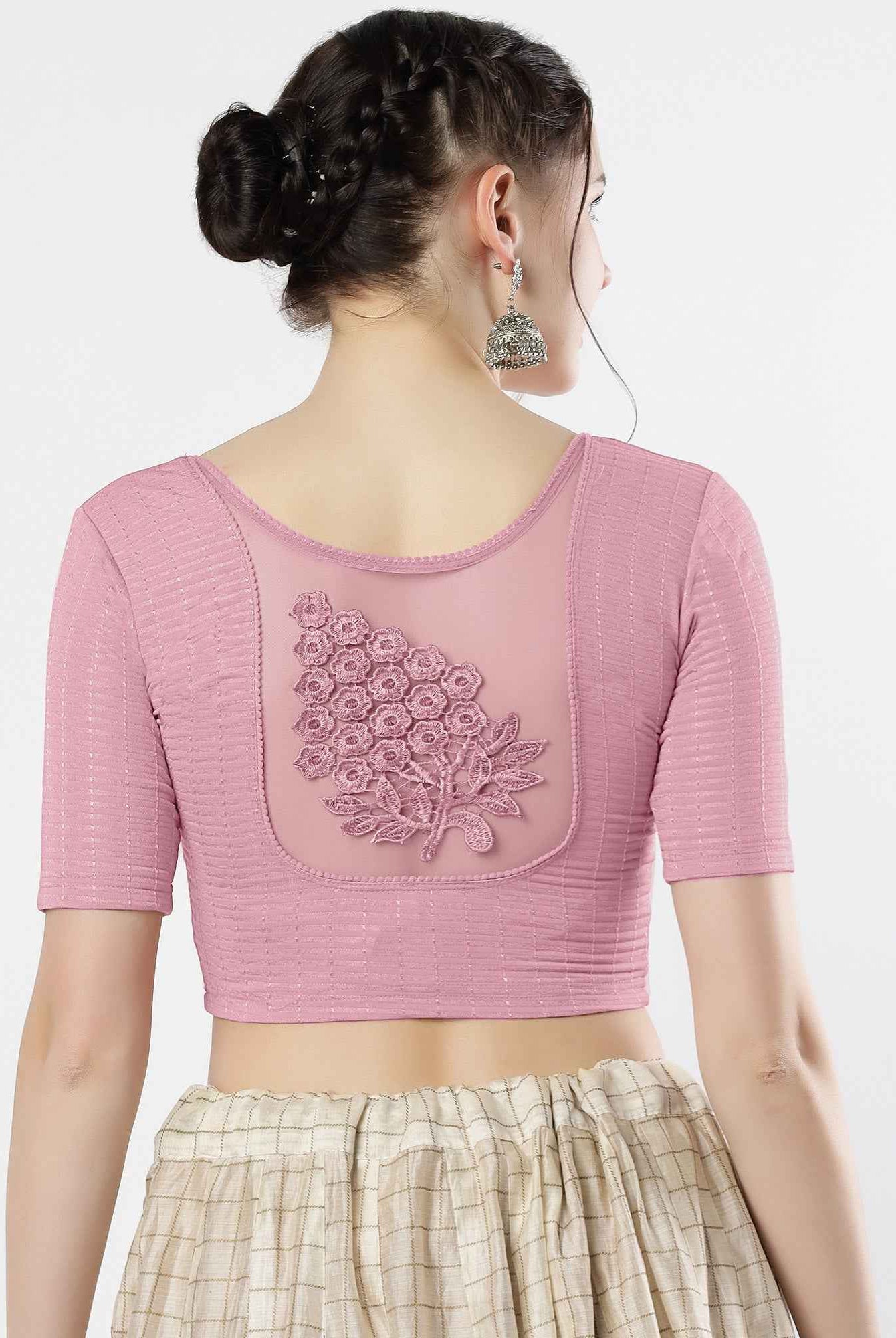 Stay On Trend: Latest Fashion Readymade Blouses for Women,round neckline,elbow sleeves with back details with an added hand dyed patch applique stitched on the net .40005