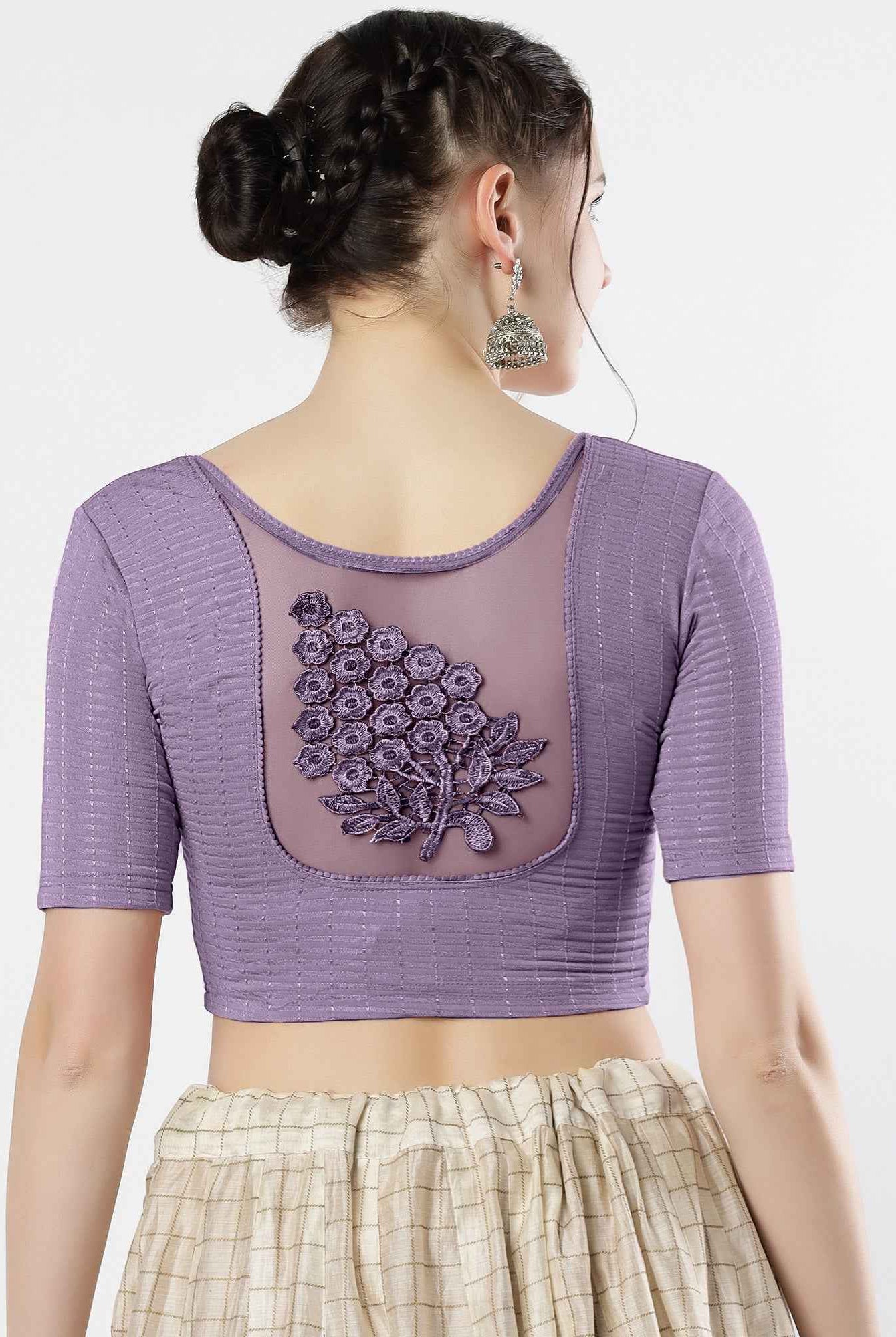 Stay On Trend: Latest Fashion Readymade Blouses for Women,round neckline,elbow sleeves with back details with an added hand dyed patch applique stitched on the net .40005