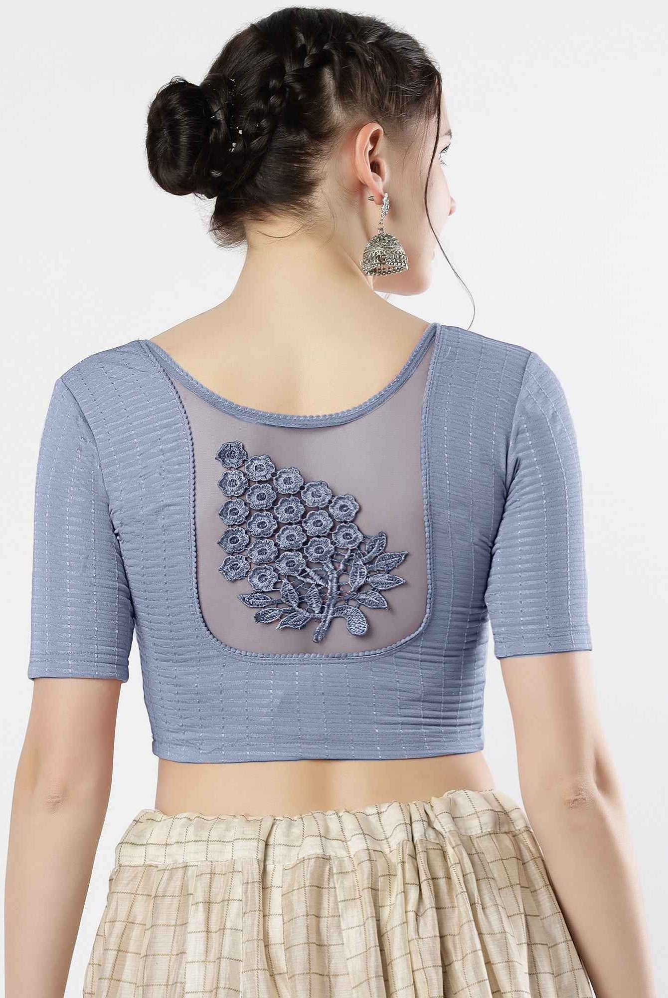 Stay On Trend: Latest Fashion Readymade Blouses for Women,round neckline,elbow sleeves with back details with an added hand dyed patch applique stitched on the net .40005