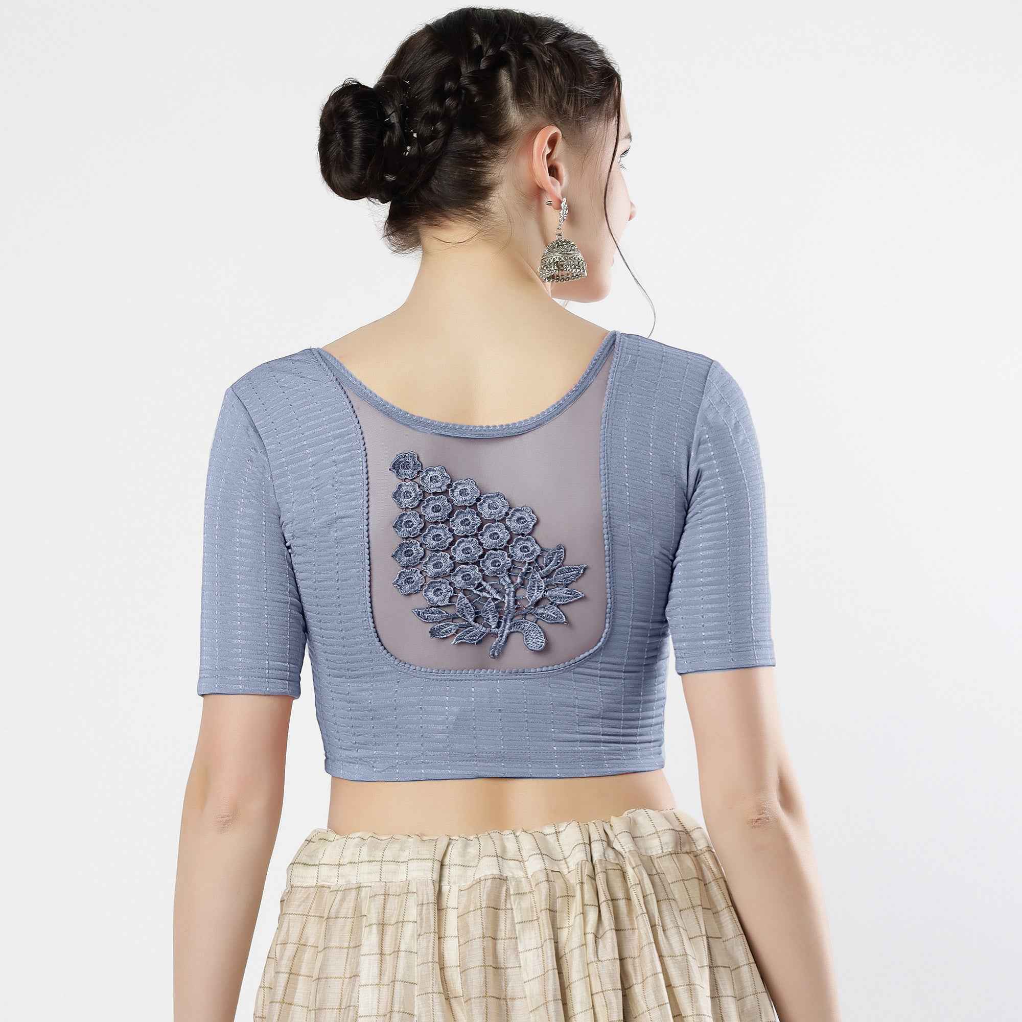 Stay On Trend: Latest Fashion Readymade Blouses for Women,round neckline,elbow sleeves with back details with an added hand dyed patch applique stitched on the net .40005