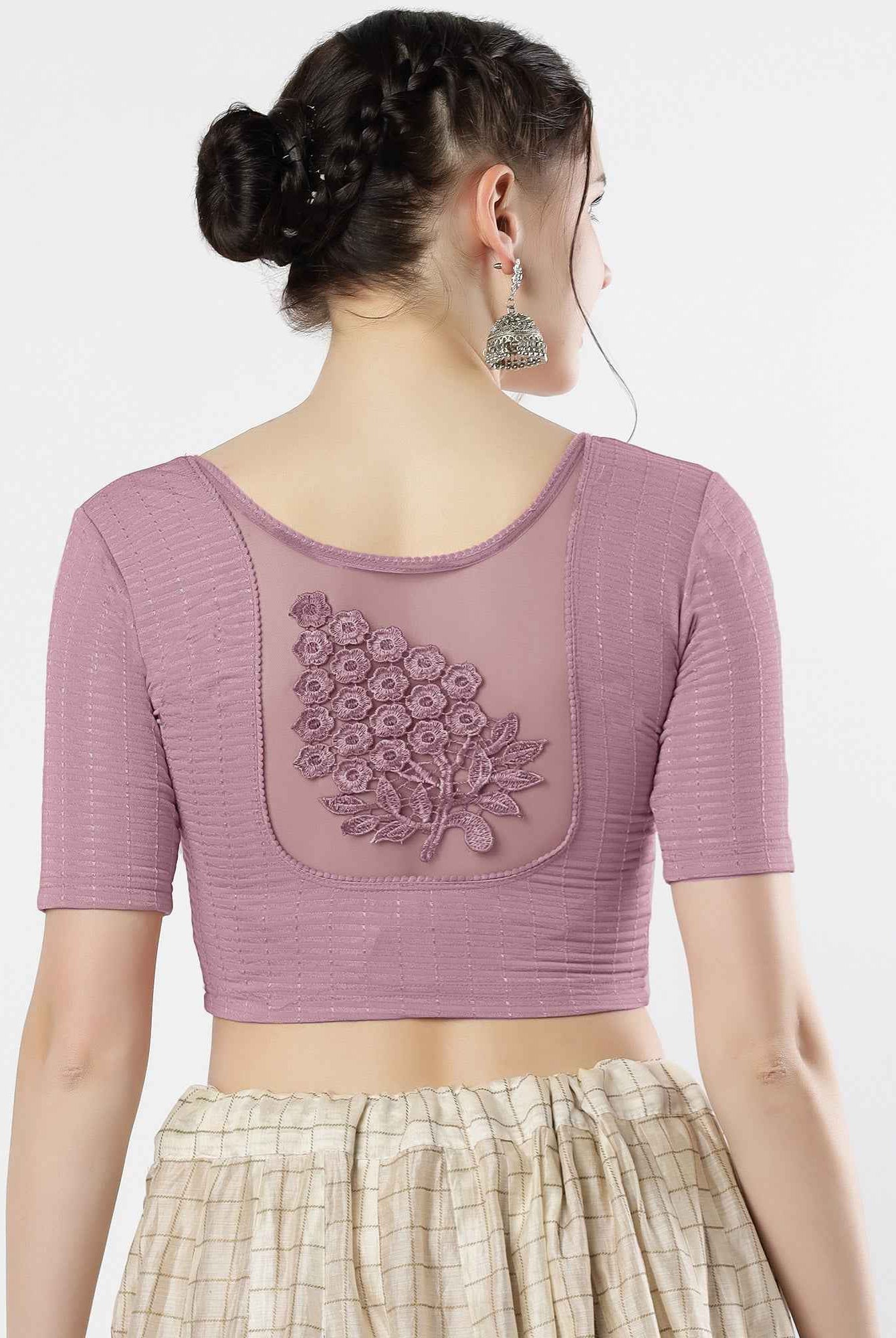 Stay On Trend: Latest Fashion Readymade Blouses for Women,round neckline,elbow sleeves with back details with an added hand dyed patch applique stitched on the net .40005