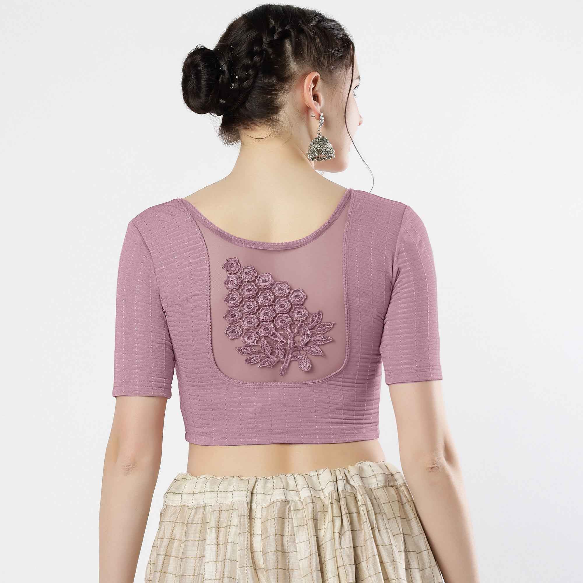 Stay On Trend: Latest Fashion Readymade Blouses for Women,round neckline,elbow sleeves with back details with an added hand dyed patch applique stitched on the net .40005