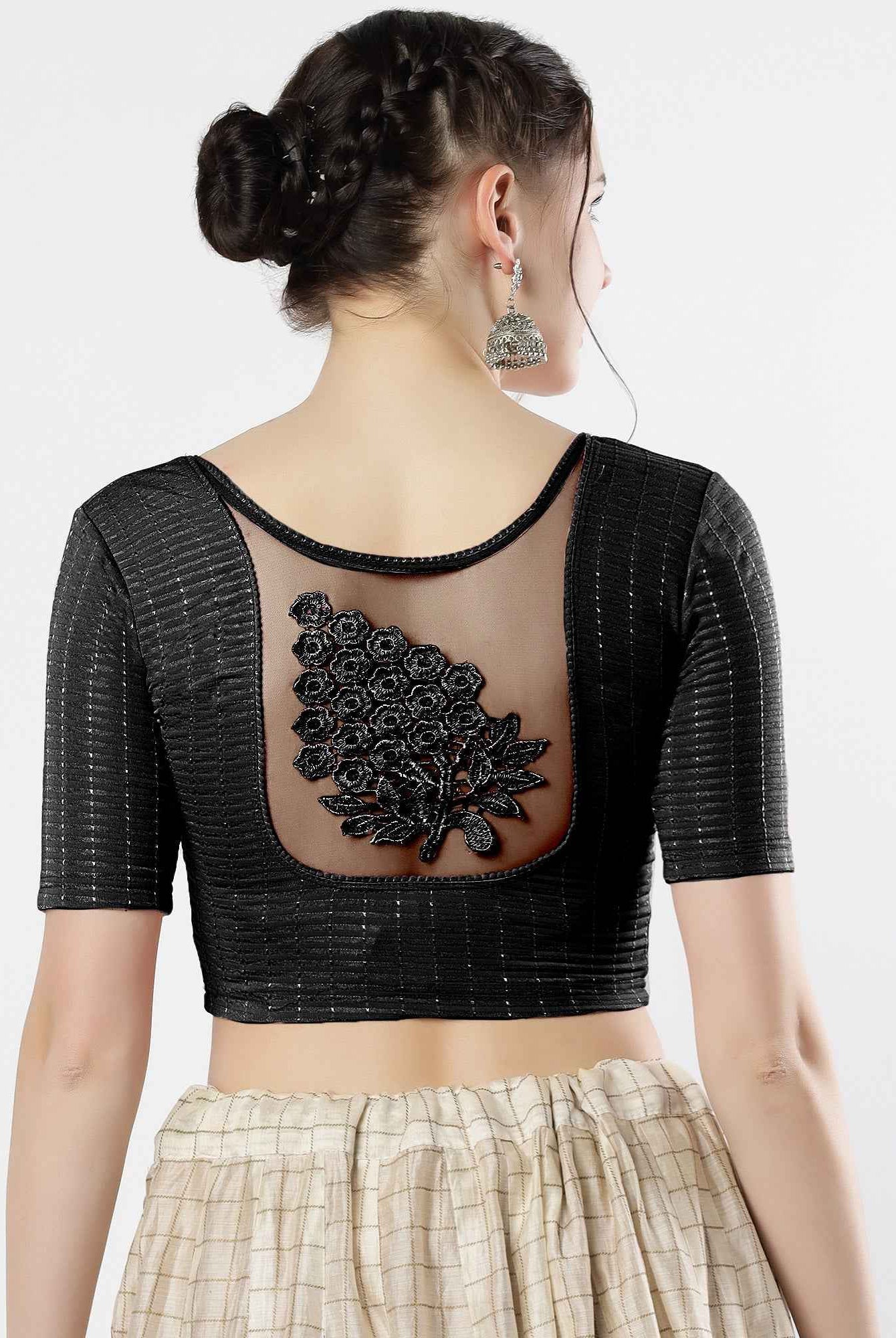 Stay On Trend: Latest Fashion Readymade Blouses for Women,round neckline,elbow sleeves with back details with an added hand dyed patch applique stitched on the net .40005