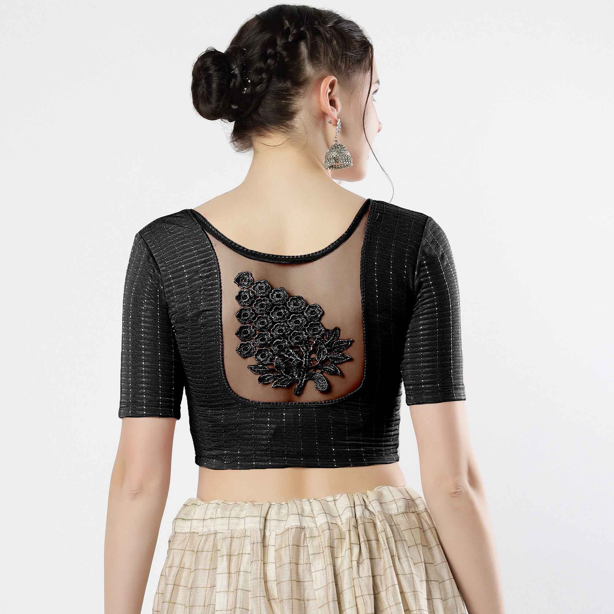 Stay On Trend: Latest Fashion Readymade Blouses for Women,round neckline,elbow sleeves with back details with an added hand dyed patch applique stitched on the net .40005