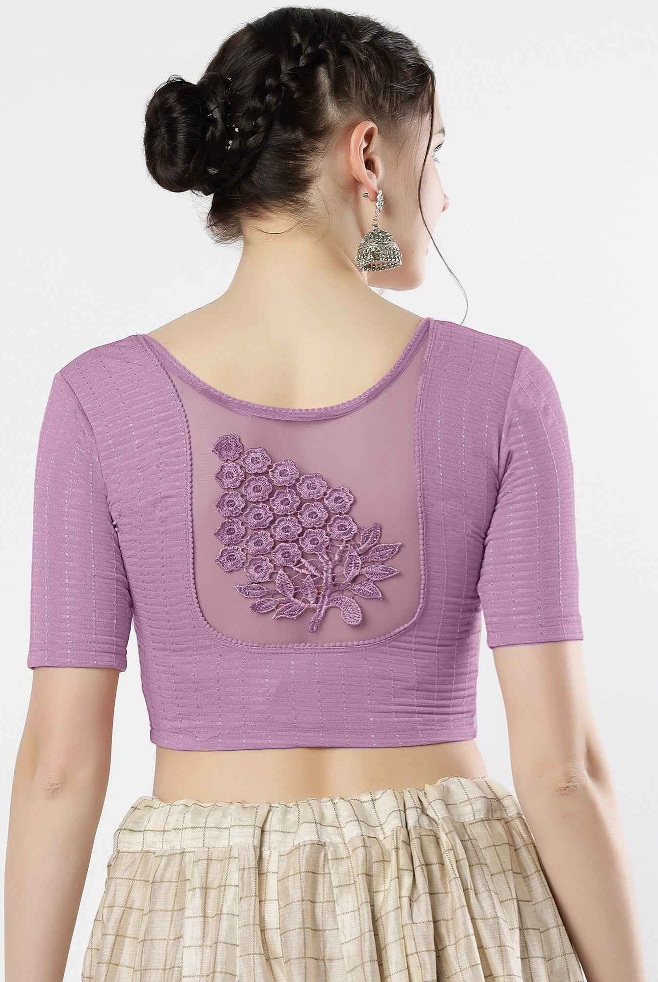 Stay On Trend: Latest Fashion Readymade Blouses for Women,round neckline,elbow sleeves with back details with an added hand dyed patch applique stitched on the net .40005