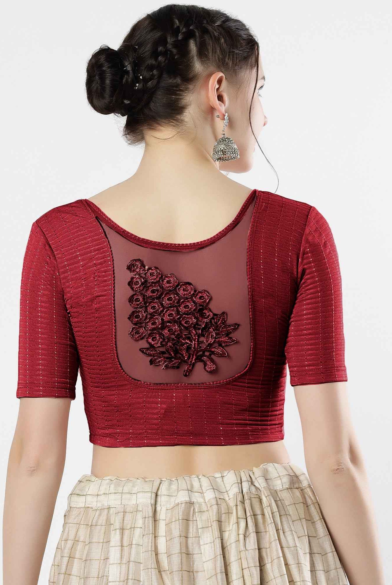Stay On Trend: Latest Fashion Readymade Blouses for Women,round neckline,elbow sleeves with back details with an added hand dyed patch applique stitched on the net .40005