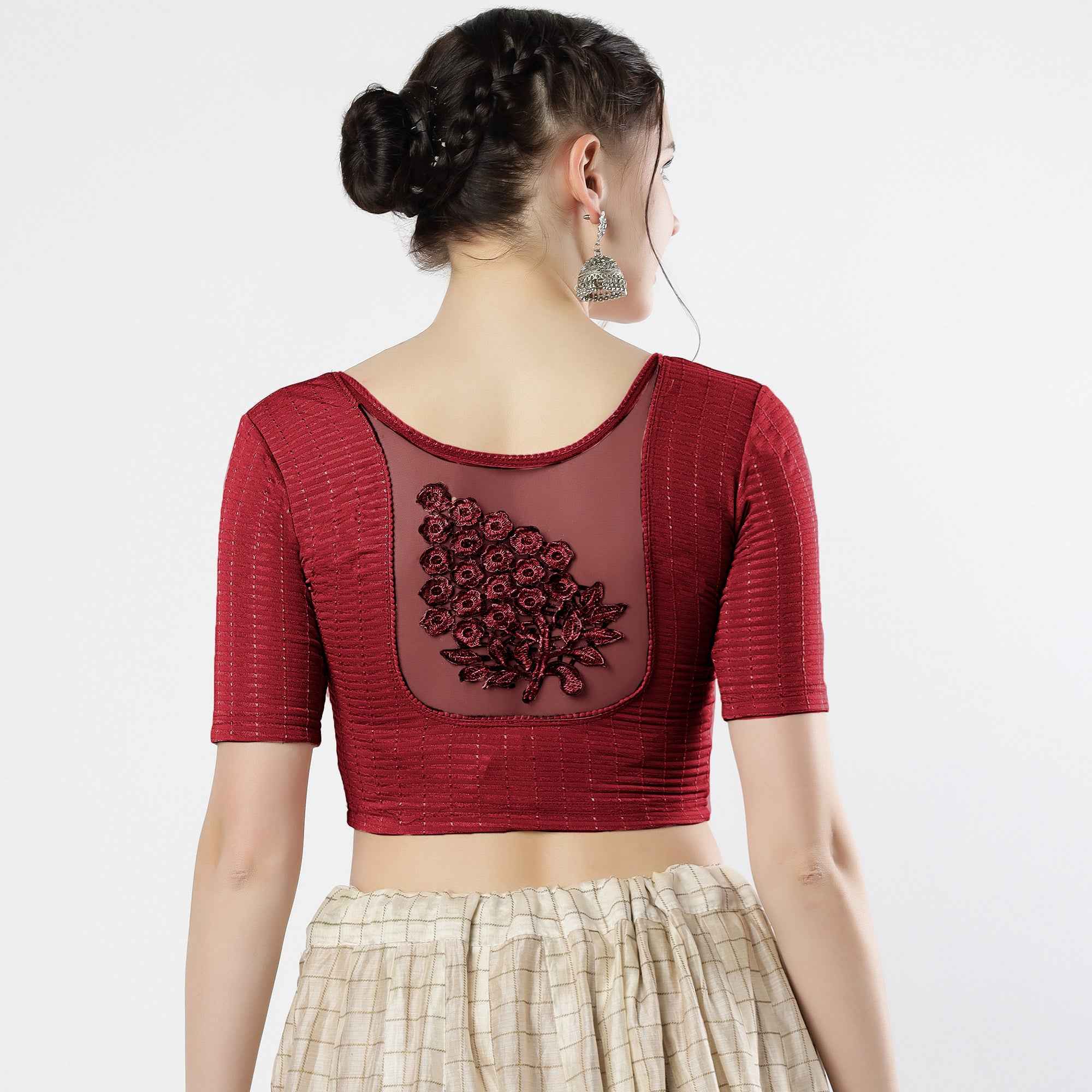 Stay On Trend: Latest Fashion Readymade Blouses for Women,round neckline,elbow sleeves with back details with an added hand dyed patch applique stitched on the net .40005