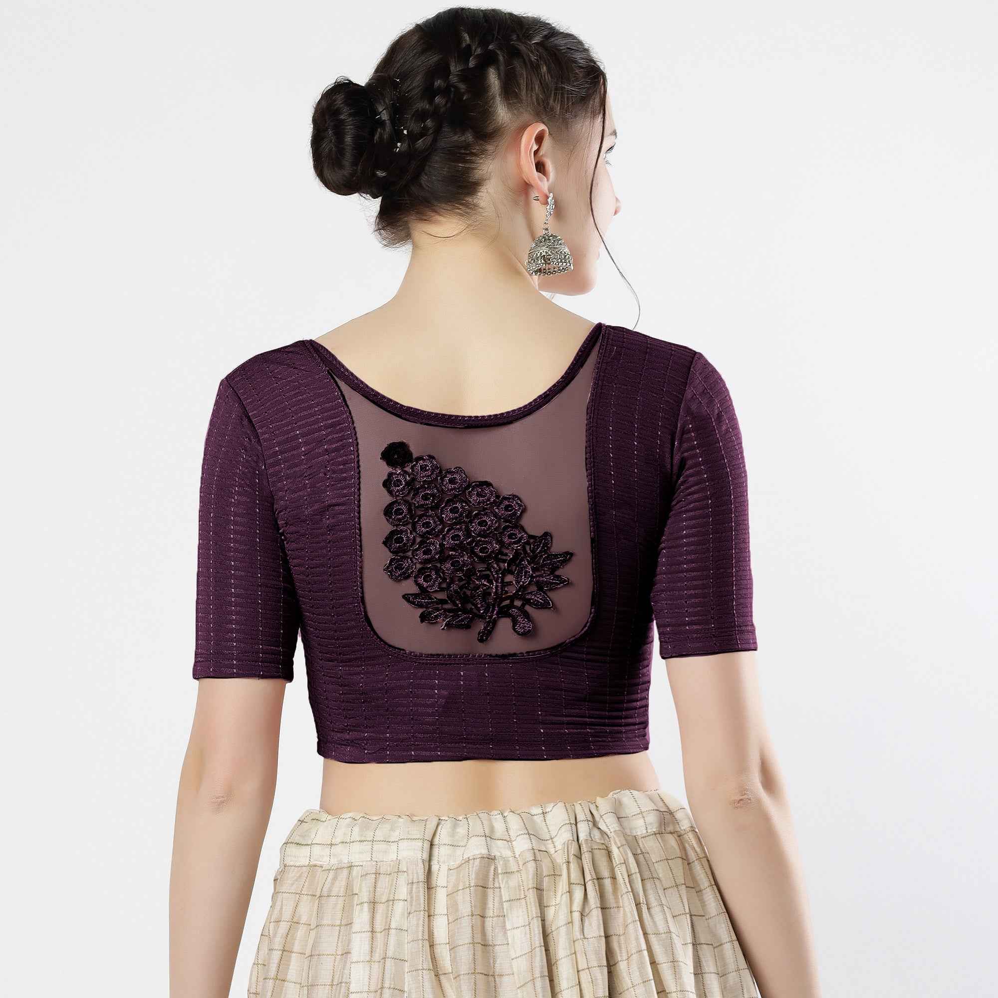 Stay On Trend: Latest Fashion Readymade Blouses for Women,round neckline,elbow sleeves with back details with an added hand dyed patch applique stitched on the net .40005