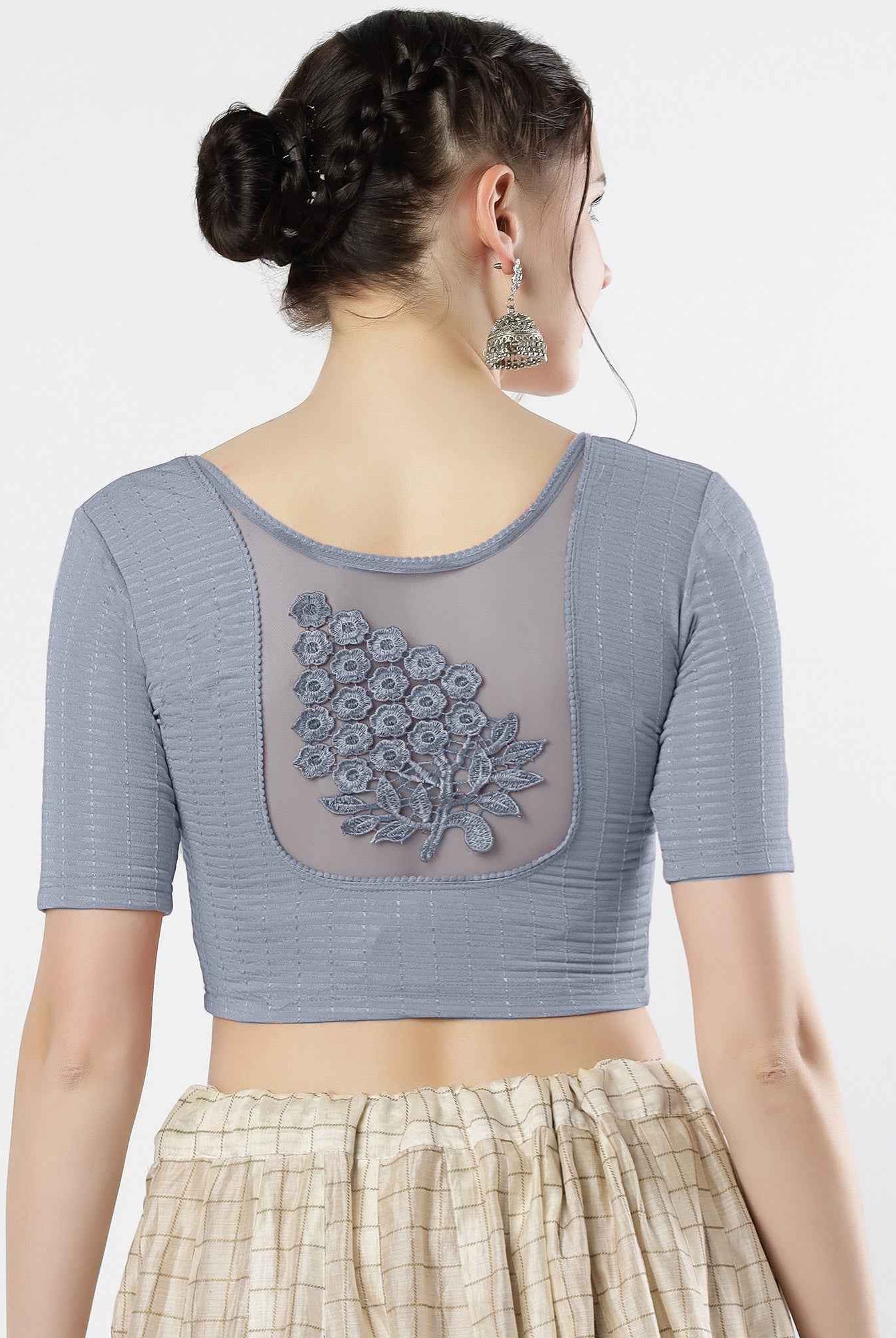 Stay On Trend: Latest Fashion Readymade Blouses for Women,round neckline,elbow sleeves with back details with an added hand dyed patch applique stitched on the net .40005