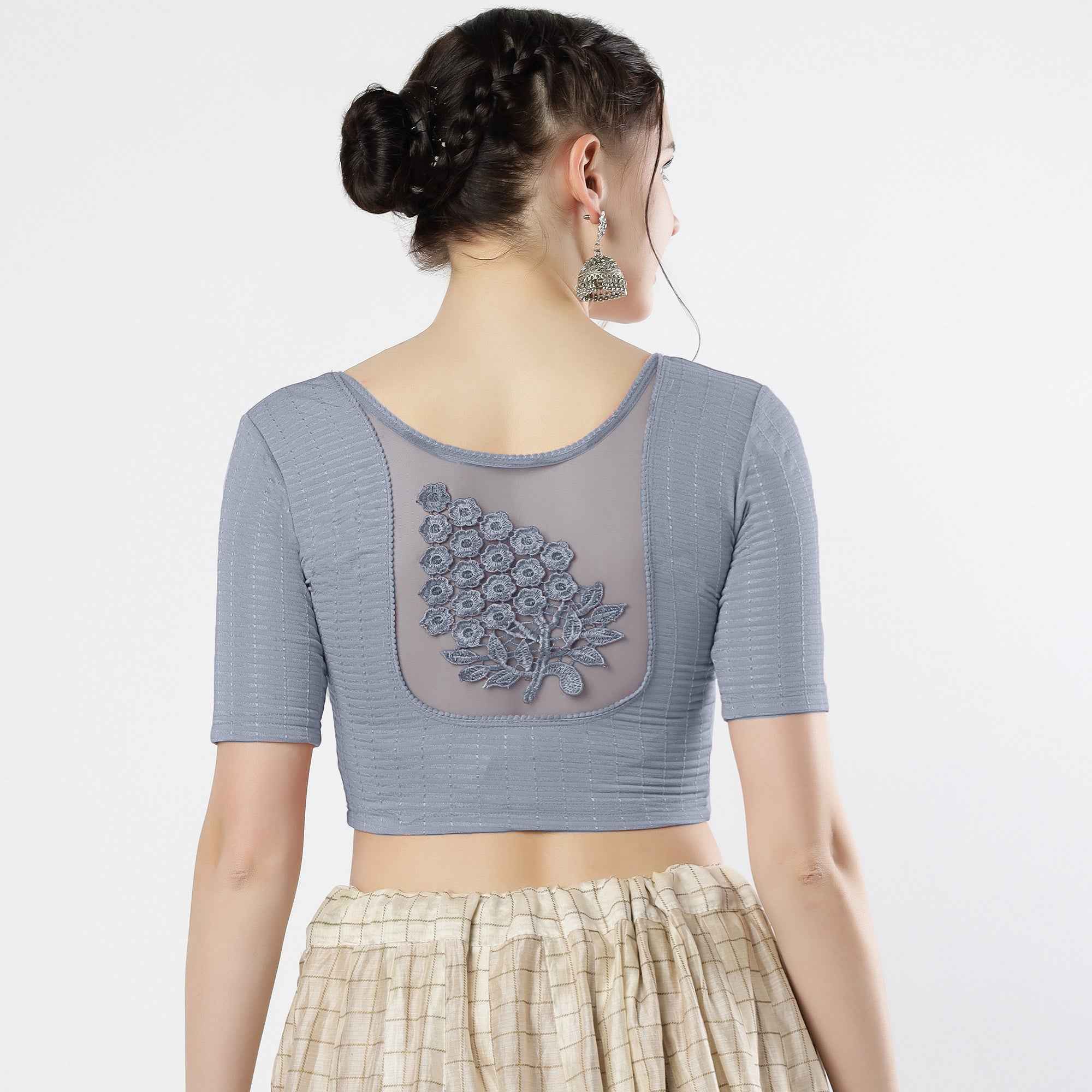 Stay On Trend: Latest Fashion Readymade Blouses for Women,round neckline,elbow sleeves with back details with an added hand dyed patch applique stitched on the net .40005