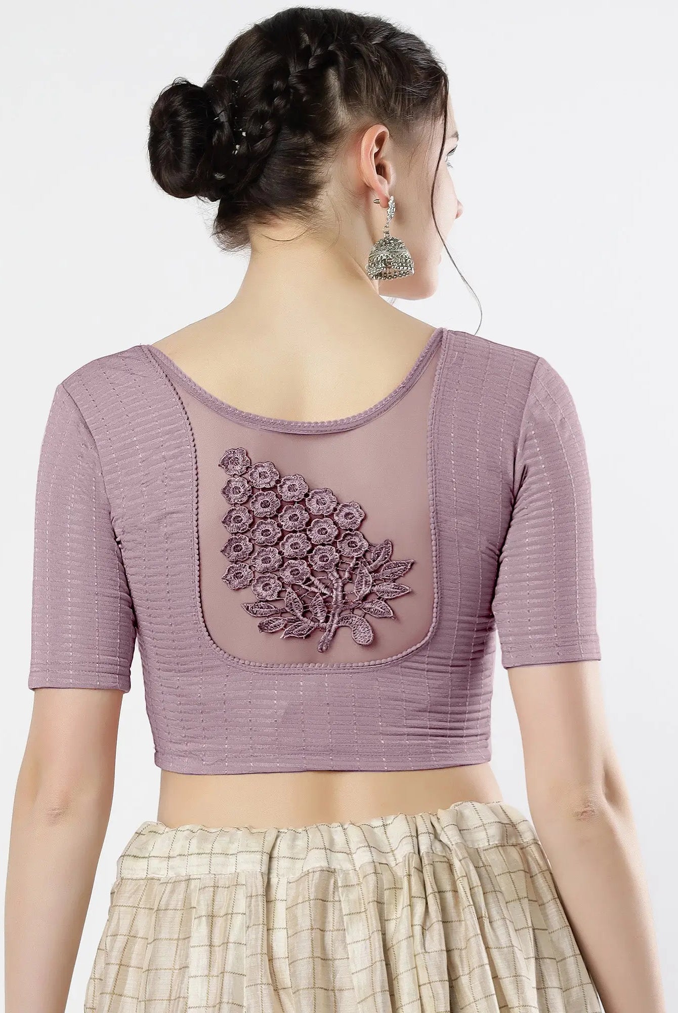Stay On Trend: Latest Fashion Readymade Blouses for Women,round neckline,elbow sleeves with back details with an added hand dyed patch applique stitched on the net .40005 FINESTFIT